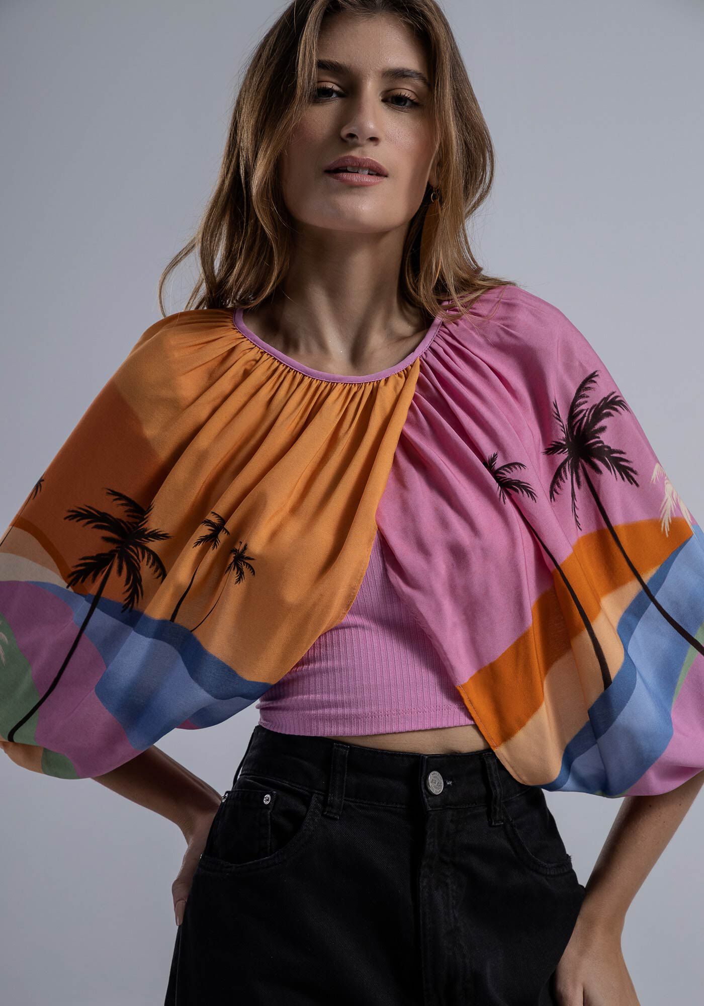 Blusa Canelada com Mangas Sobrepostas Viscose, , large.