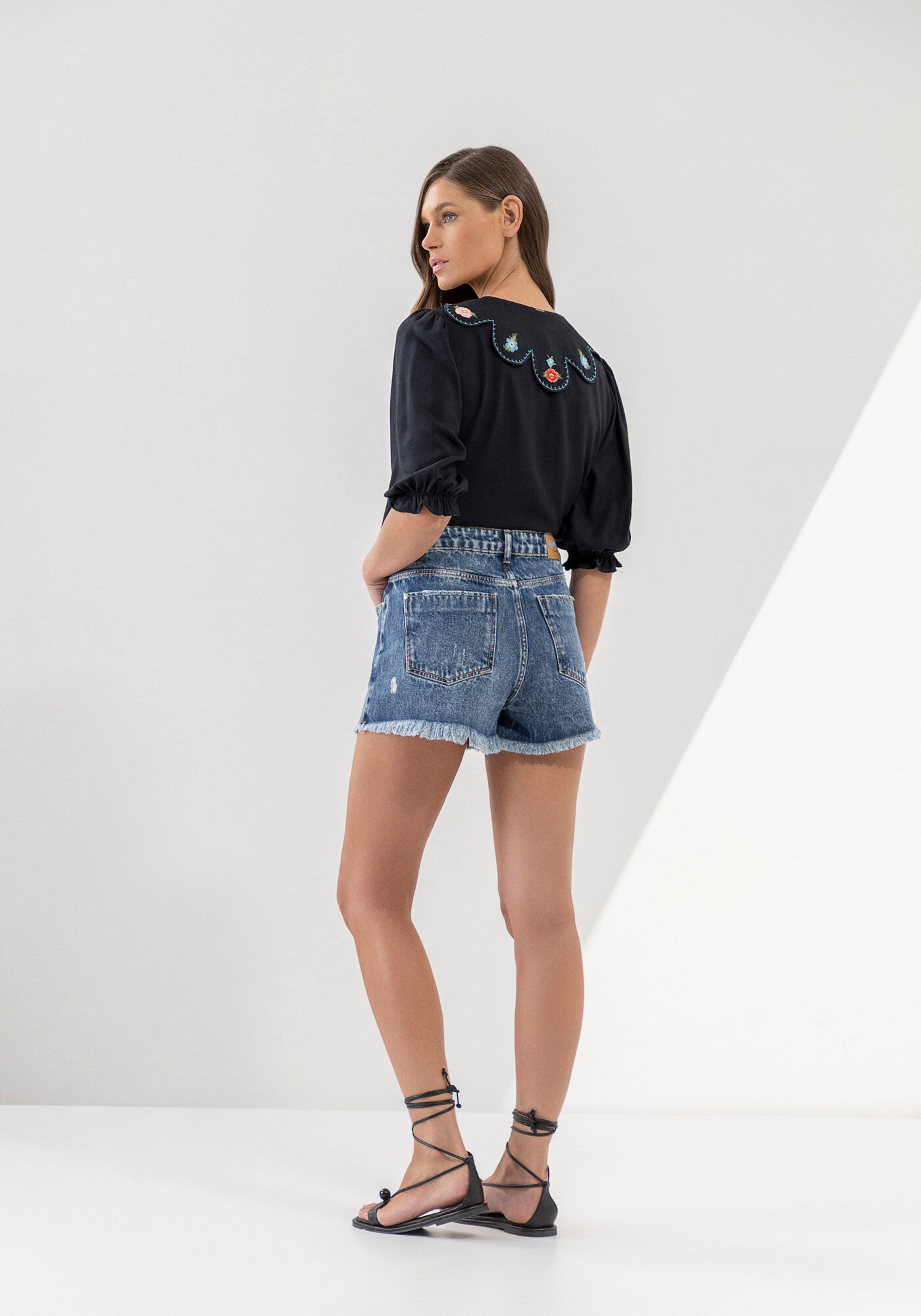 Shorts Jeans Linha A Marmorizado Cintura Alta, JEANS, large.