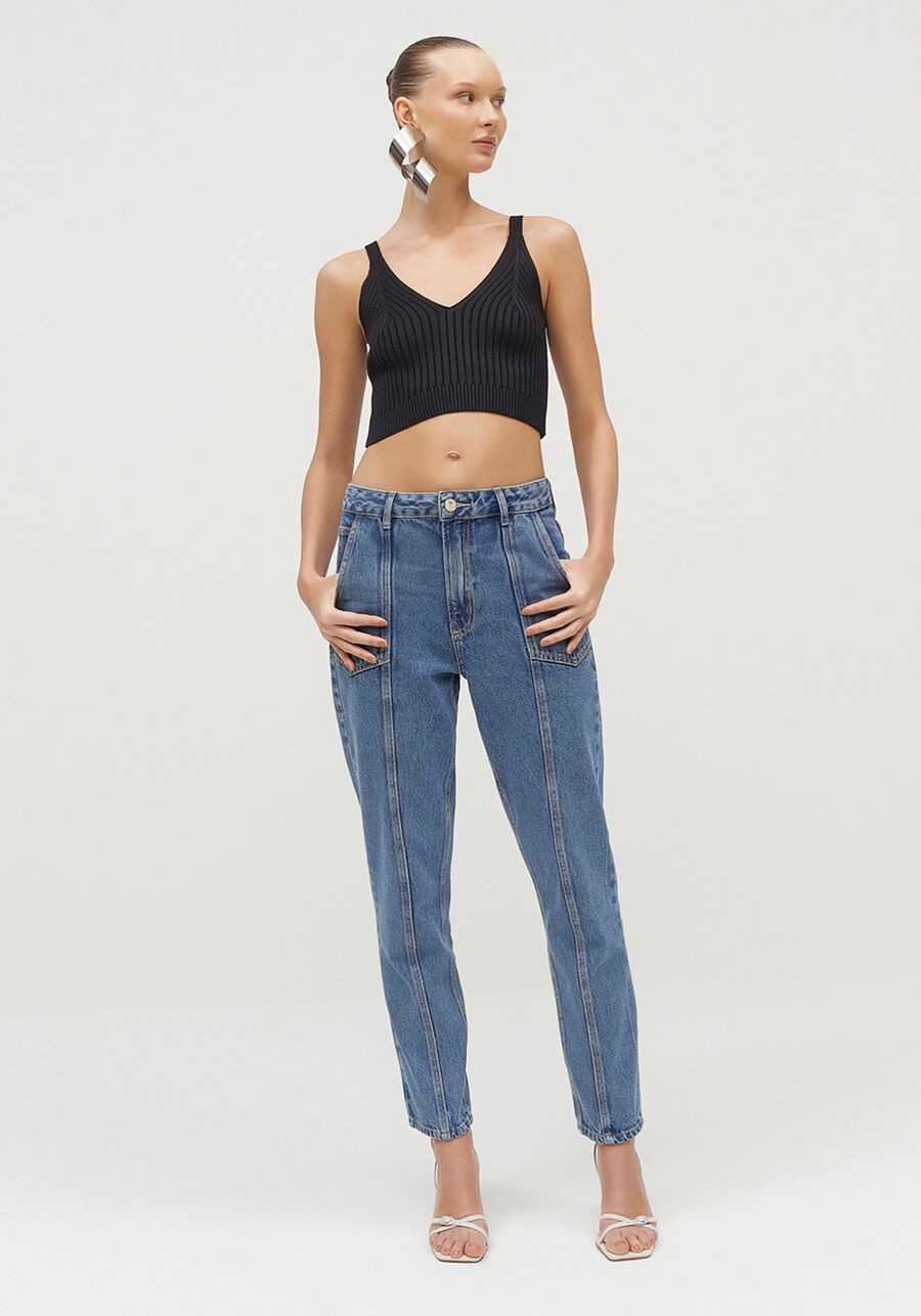 Calça Jeans Mom Cropped com Pespontos, JEANS. Calça Jeans Mom Cropped com Pespontos, JEANS, large.