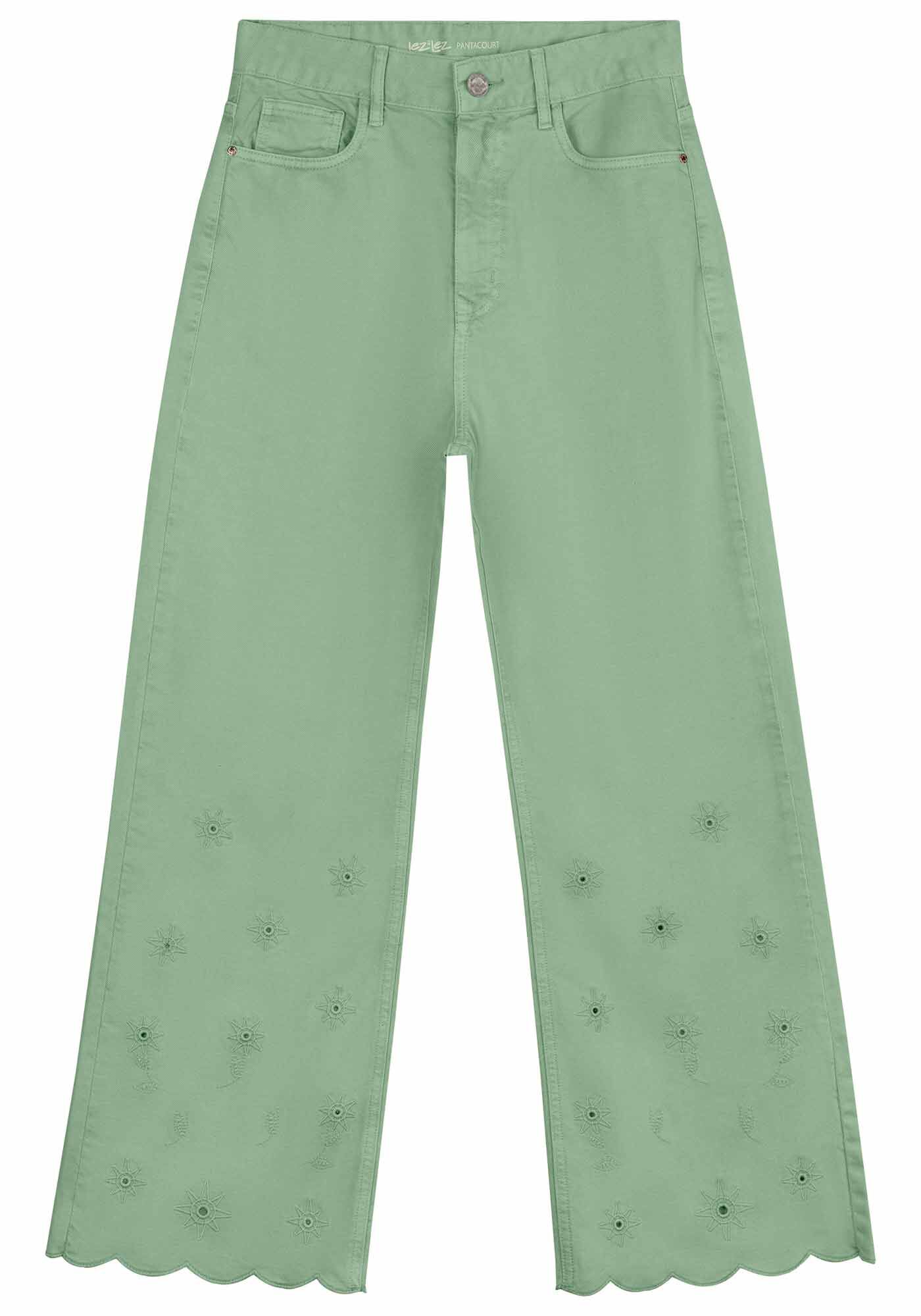 Cal&ccedil;a Sarja Wide Leg Super Alta com Bordado Barra, VERDE GEMSTONE, large.