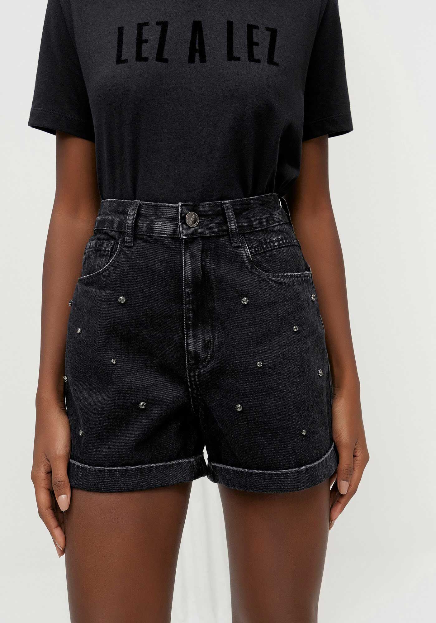 Shorts Jeans Mom Cintura Alta com Strass, , large.