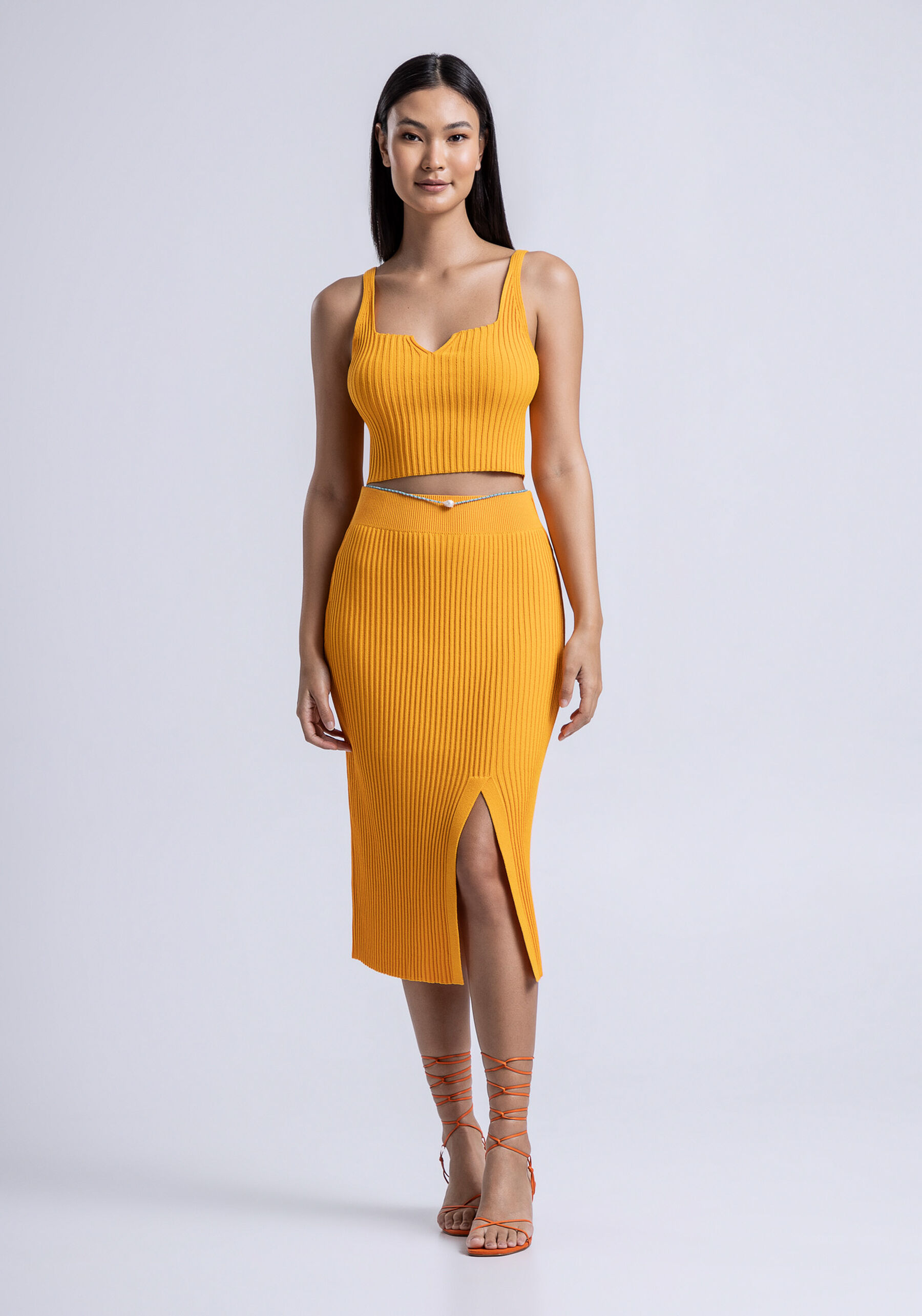 Saia Midi Cintura Média em Tricô com Fenda, . Saia Midi Cintura Média em Tricô com Fenda, , large.