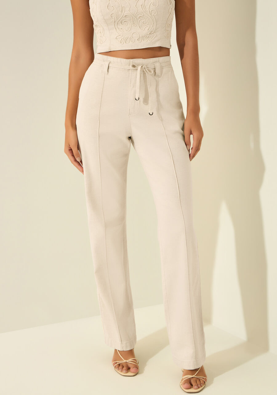 Calça Reta Com Cintura Alta E Cinto Em Sarja Com Linho, NATURAL. Calça Reta Com Cintura Alta E Cinto Em Sarja Com Linho, NATURAL, large.