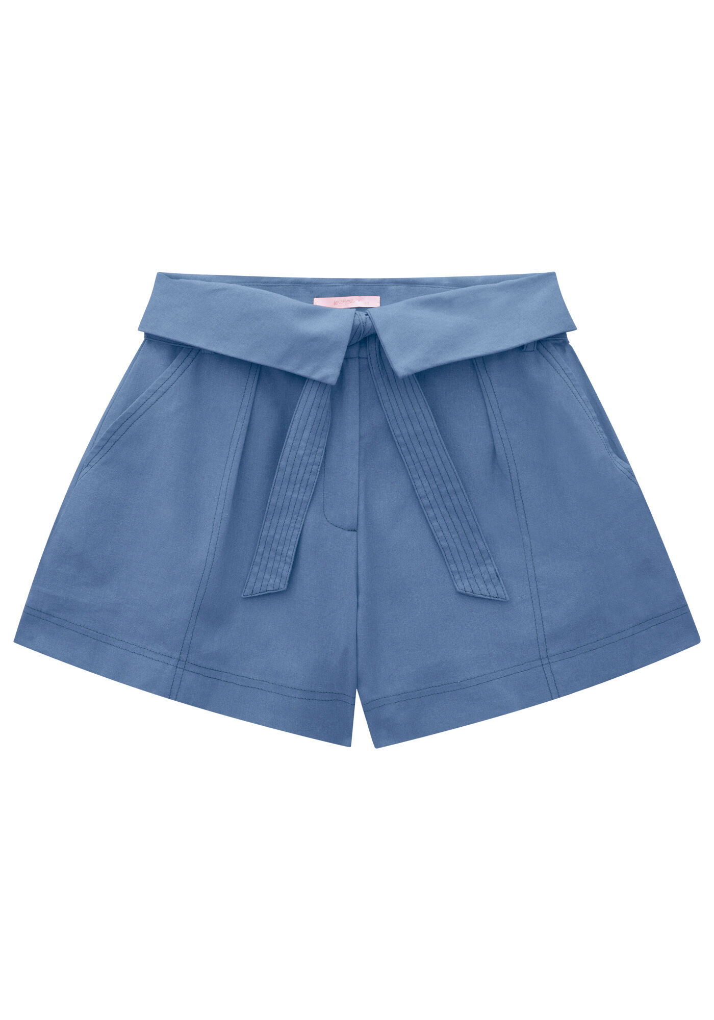 Shorts em Linho com Recorte e Cinto, AZUL NETUNO, large.
