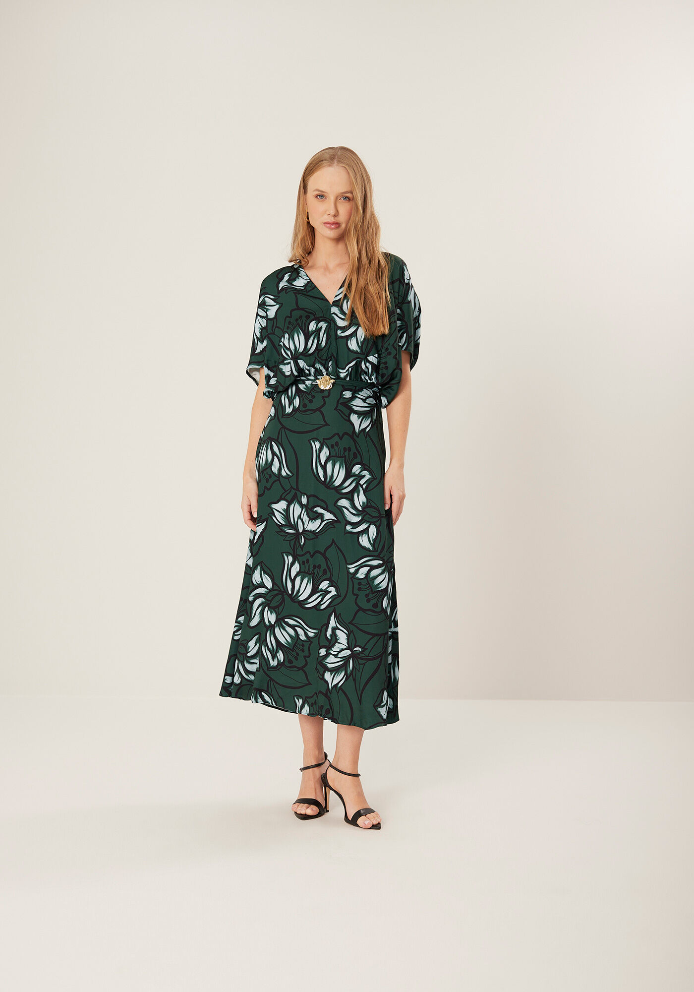 Vestido Estampado Midi Ch&aacute; Com Mangas M&eacute;dias E Cinto Em Viscose, , large.