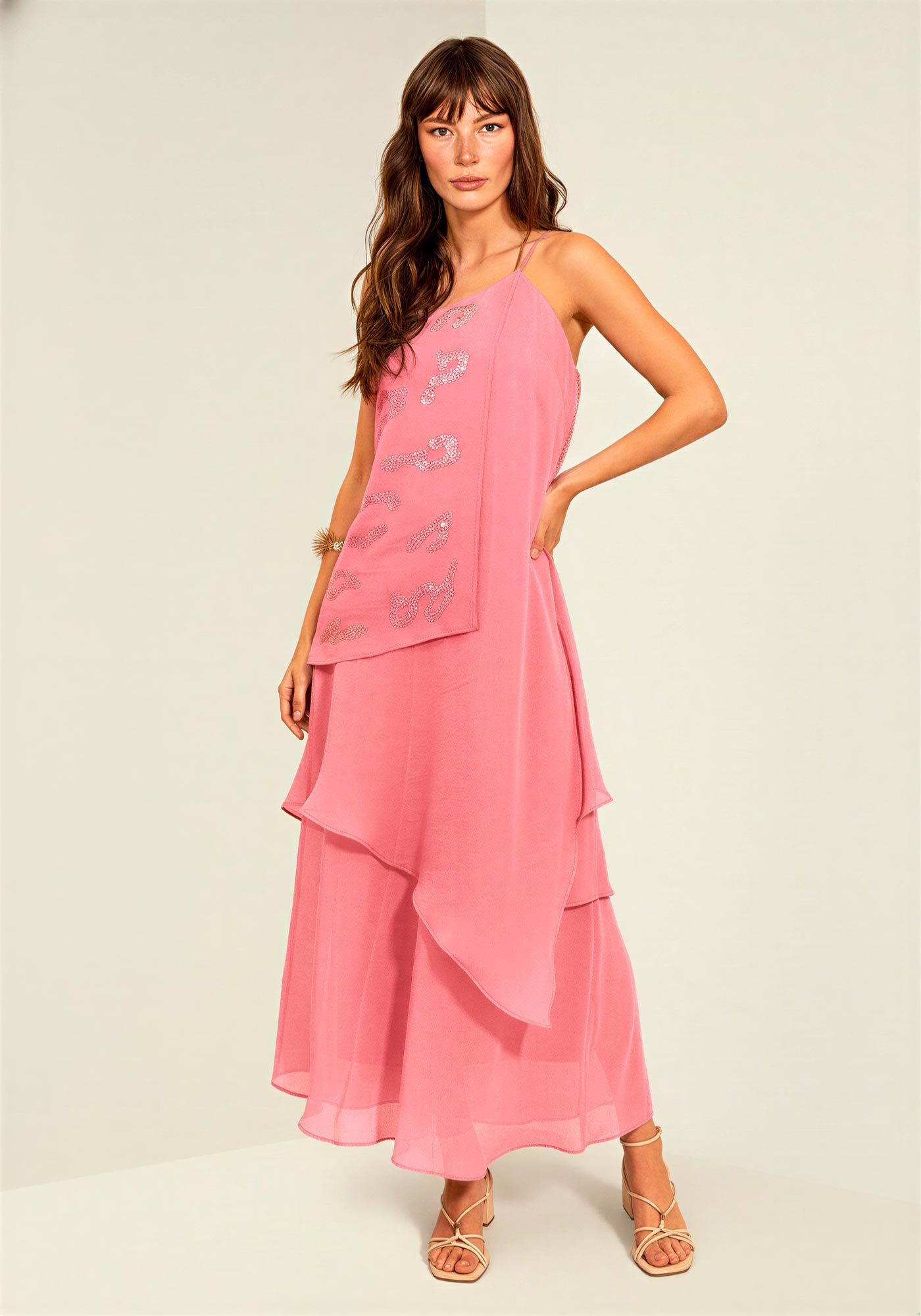 Vestido Ch&aacute; Um Ombro S&oacute; Com Sobreposi&ccedil;&otilde;es E Paet&ecirc;s Bordados, ROSA SALOME, large.