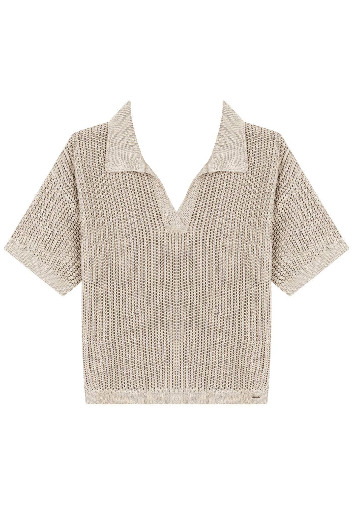 Blusa De Mangas Curtas Com Gola Em Malha Tric&ocirc;, BEGE ALHAMBRA, large.