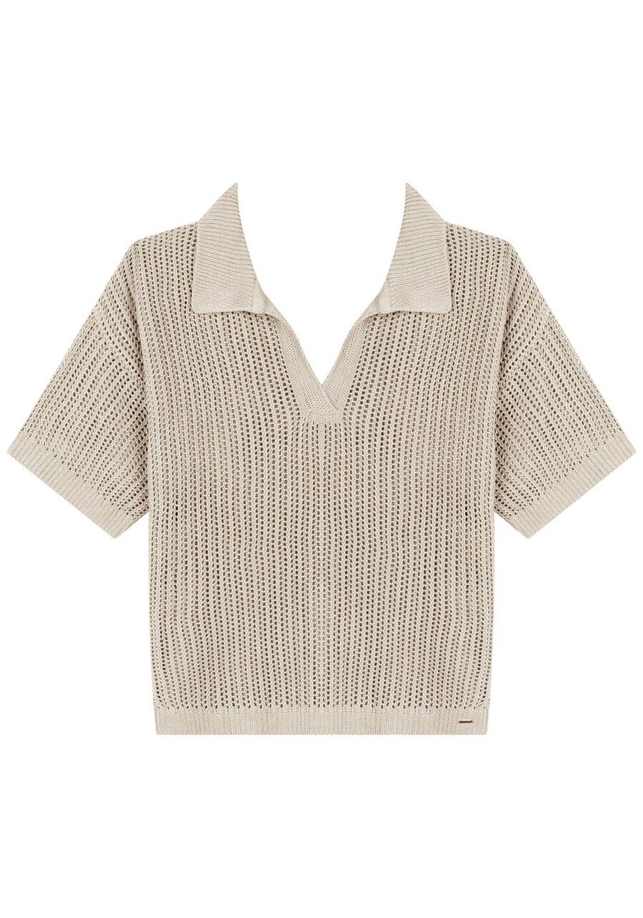 Blusa De Mangas Curtas Com Gola Em Malha Tricô, BEGE ALHAMBRA. Blusa De Mangas Curtas Com Gola Em Malha Tricô, BEGE ALHAMBRA, large.