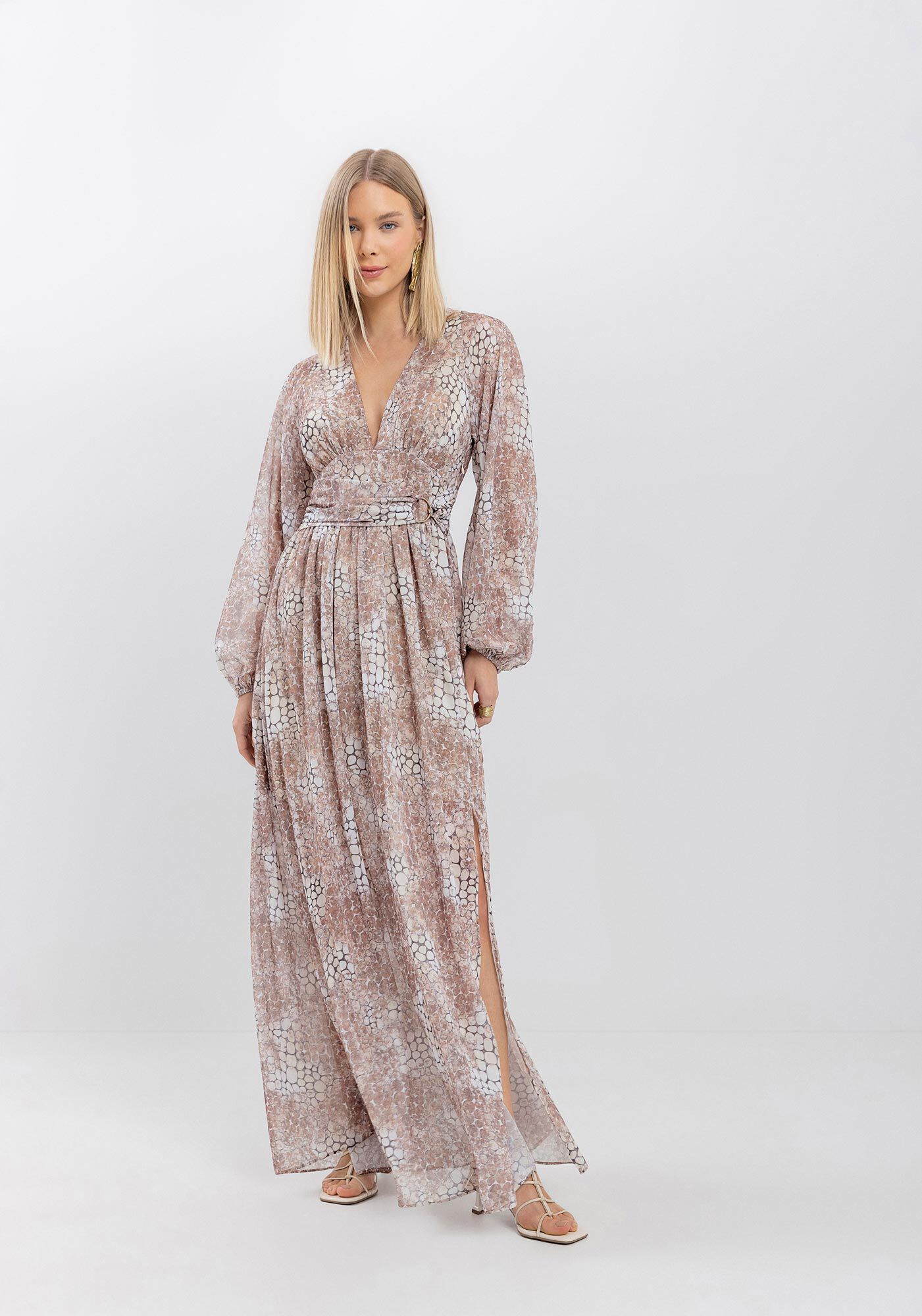 Vestido Longo Estampado Com Mangas Amplas E Fenda Lateral, , large.
