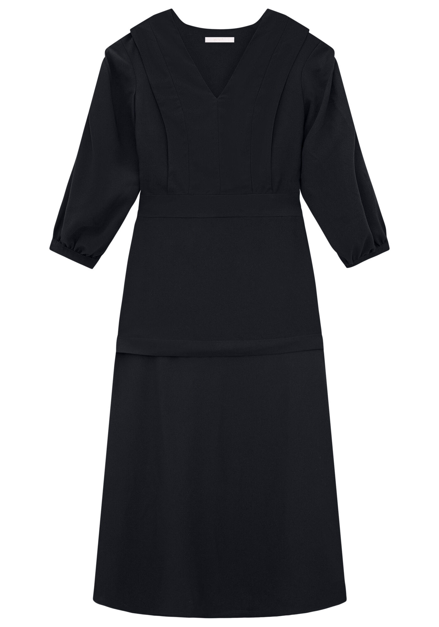 Vestido Crepe Manga 3/4 Midi com Pregas Decote, , large.