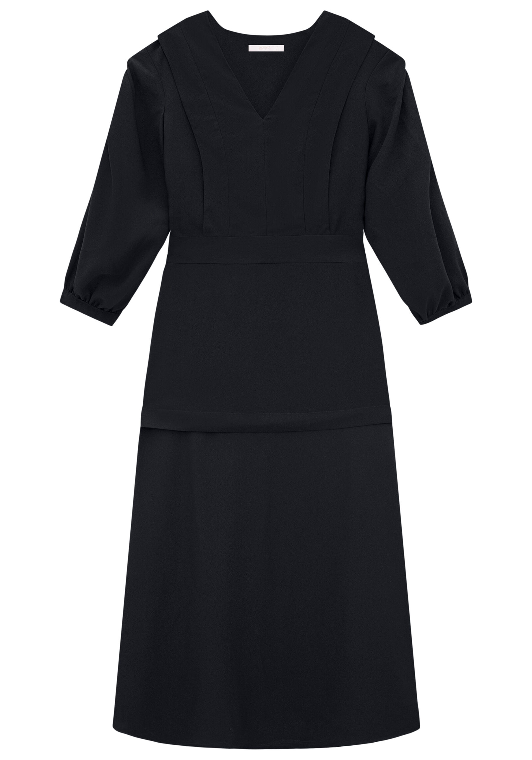 Vestido Crepe Manga 3/4 Midi com Pregas Decote, PRETO REATIVO. Vestido Crepe Manga 3/4 Midi com Pregas Decote, PRETO REATIVO, large.