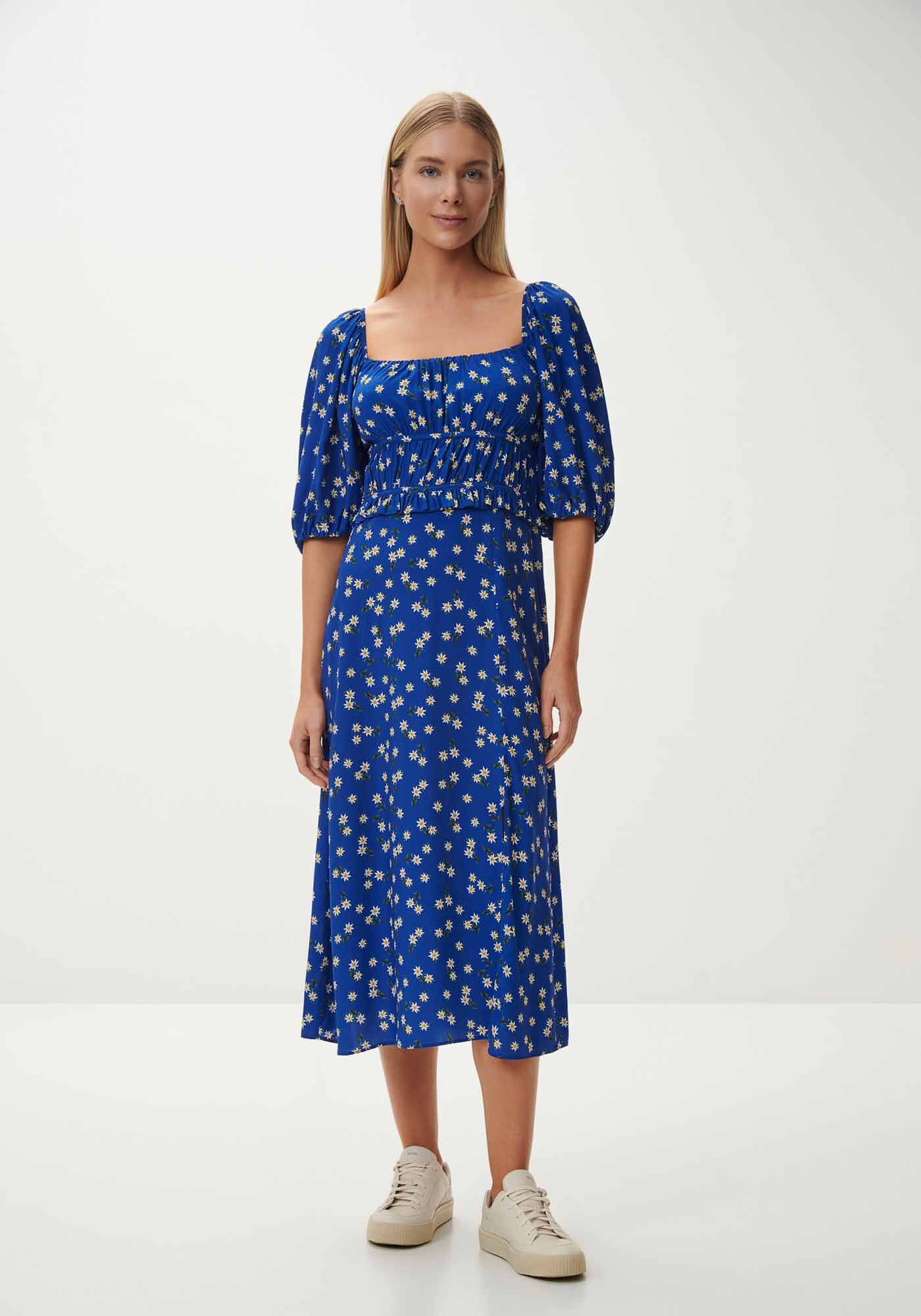 Vestido Midi Estampado com Manga Bufante e Fenda, , large.