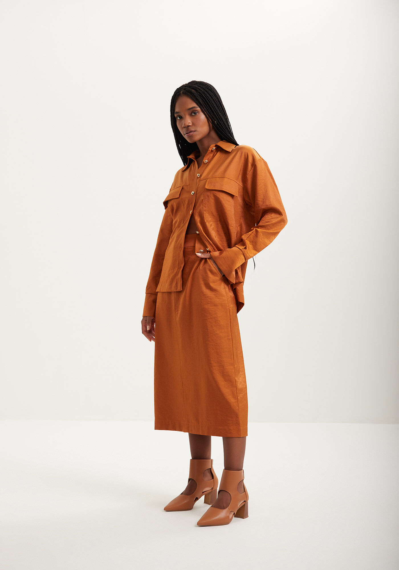 Saia Midi Ch&aacute; Com Cintura Super Alta, , large.