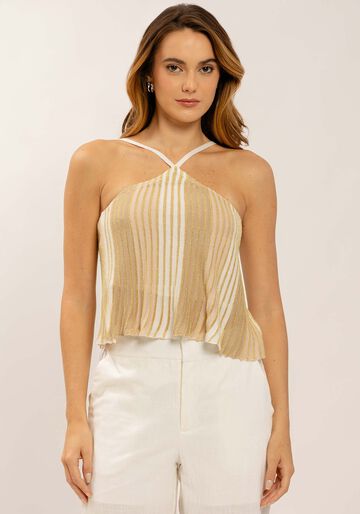 Blusa Um Ombro Só em Tricô com Lurex, BEGE CAQUI. Blusa Um Ombro Só em Tricô com Lurex, BEGE CAQUI, large.