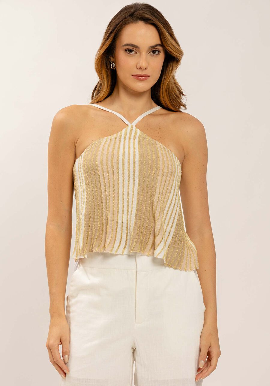 Blusa Um Ombro Só em Tricô com Lurex, BEGE CAQUI. Blusa Um Ombro Só em Tricô com Lurex, BEGE CAQUI, large.