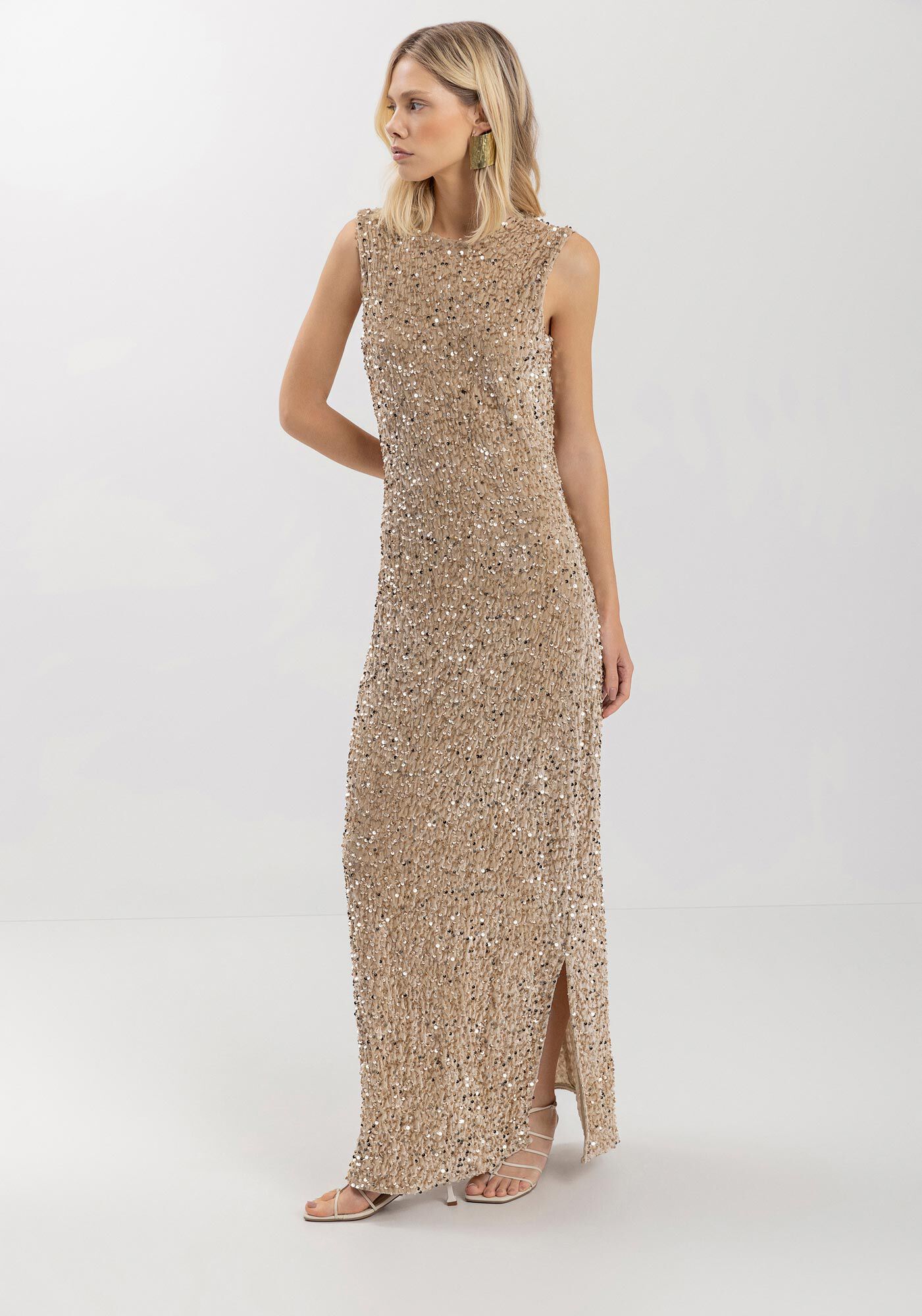 Vestido Longo Com Decote Costas Em Malha De Veludo Com Paet&ecirc;, BEGE CENTURY, large.