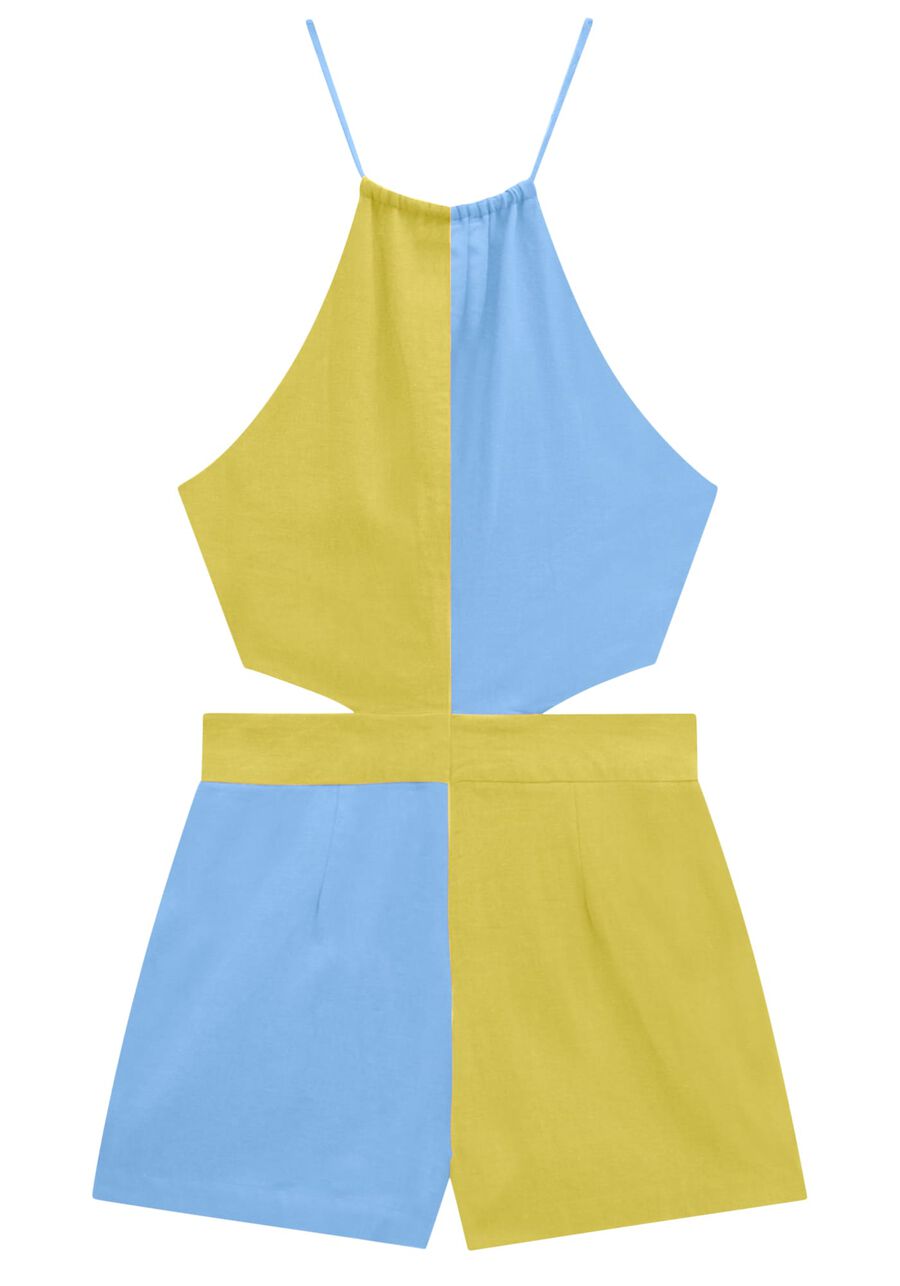 Macacão Curto Bicolor em Linho com Cut Out, . Macacão Curto Bicolor em Linho com Cut Out, , large.