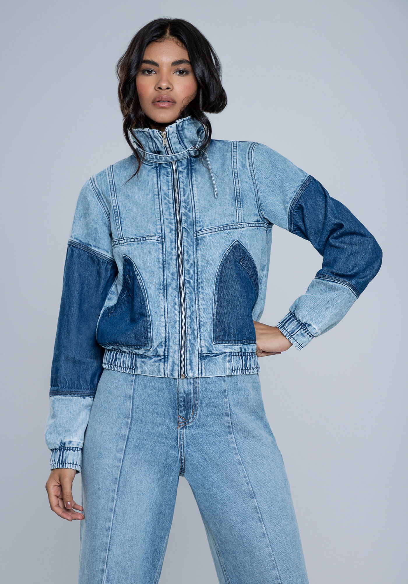 Jaqueta Jeans com Recortes Contraste, JEANS, large.