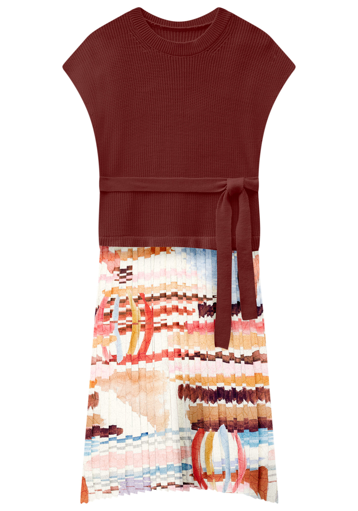 Vestido Midi em Tecido e Tric&ocirc; com Plissado, , large.