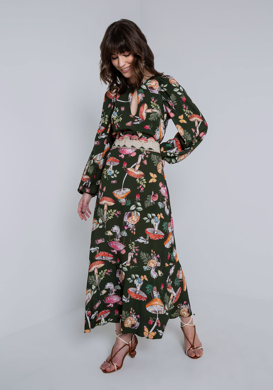 Vestido Midi em Viscose com Cinto Bordado, COGUMELOS. Vestido Midi em Viscose com Cinto Bordado, COGUMELOS, large.