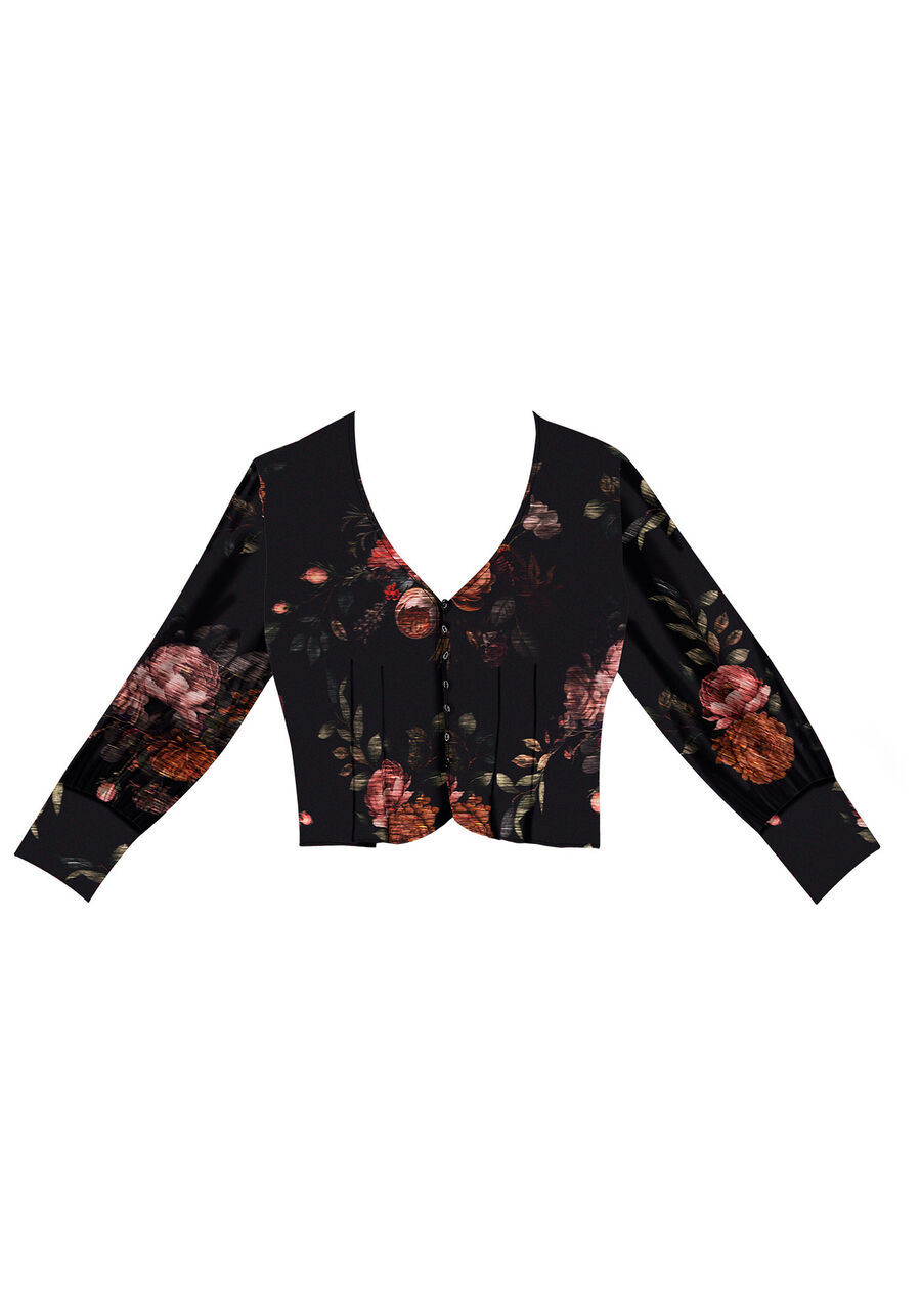Blusa Manga 3/4 Bufante Estampada com Botões, . Blusa Manga 3/4 Bufante Estampada com Botões, , large.