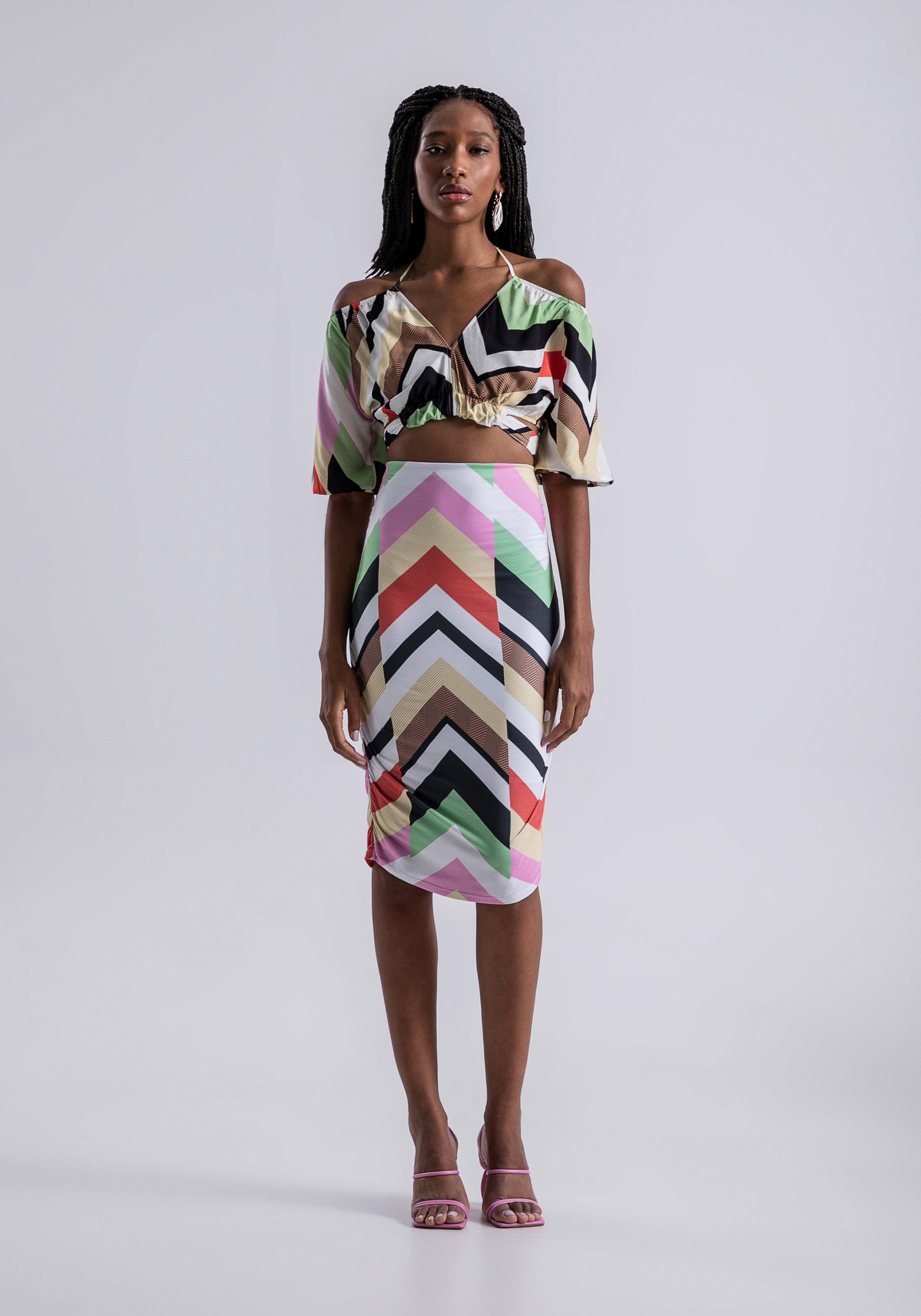 Saia Midi Estampada em Malha Modelli Franzida, , large.