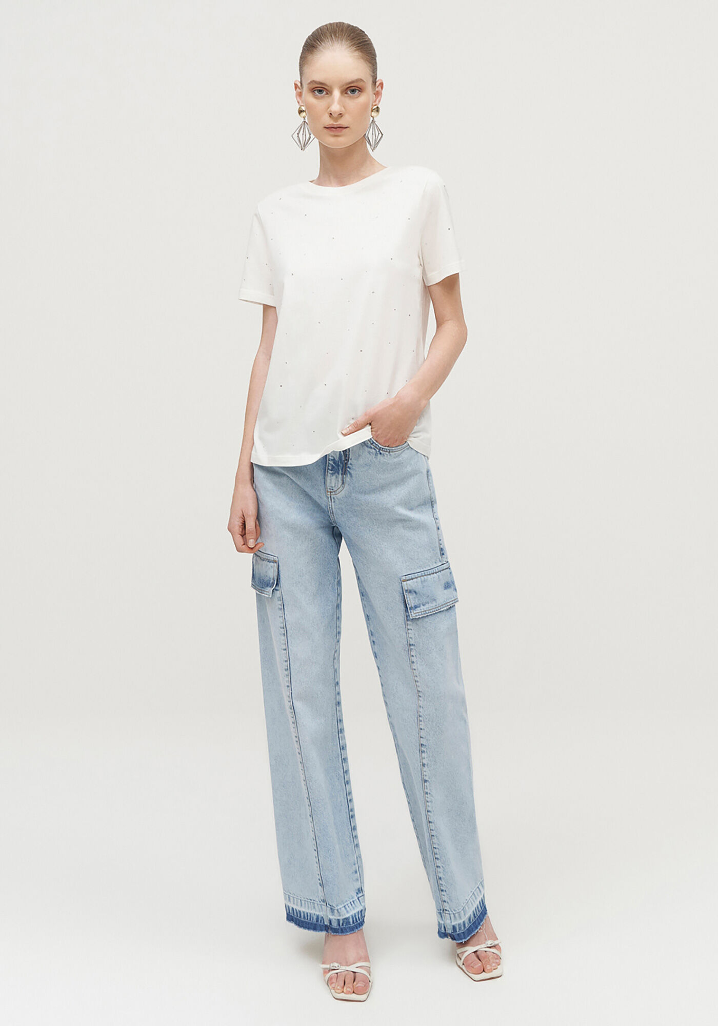 T-shirt em Malha com Strass, BRANCO OFF WHITE, large.