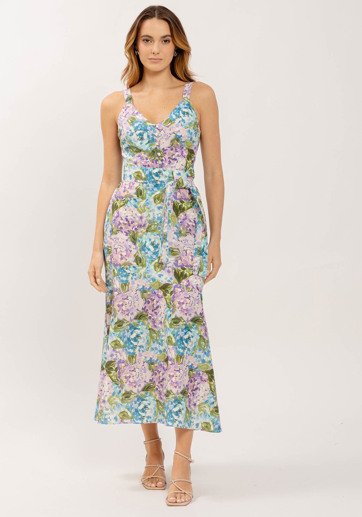 Vestido Midi Ch&aacute; em Linho Estampado com Cinto, , large.