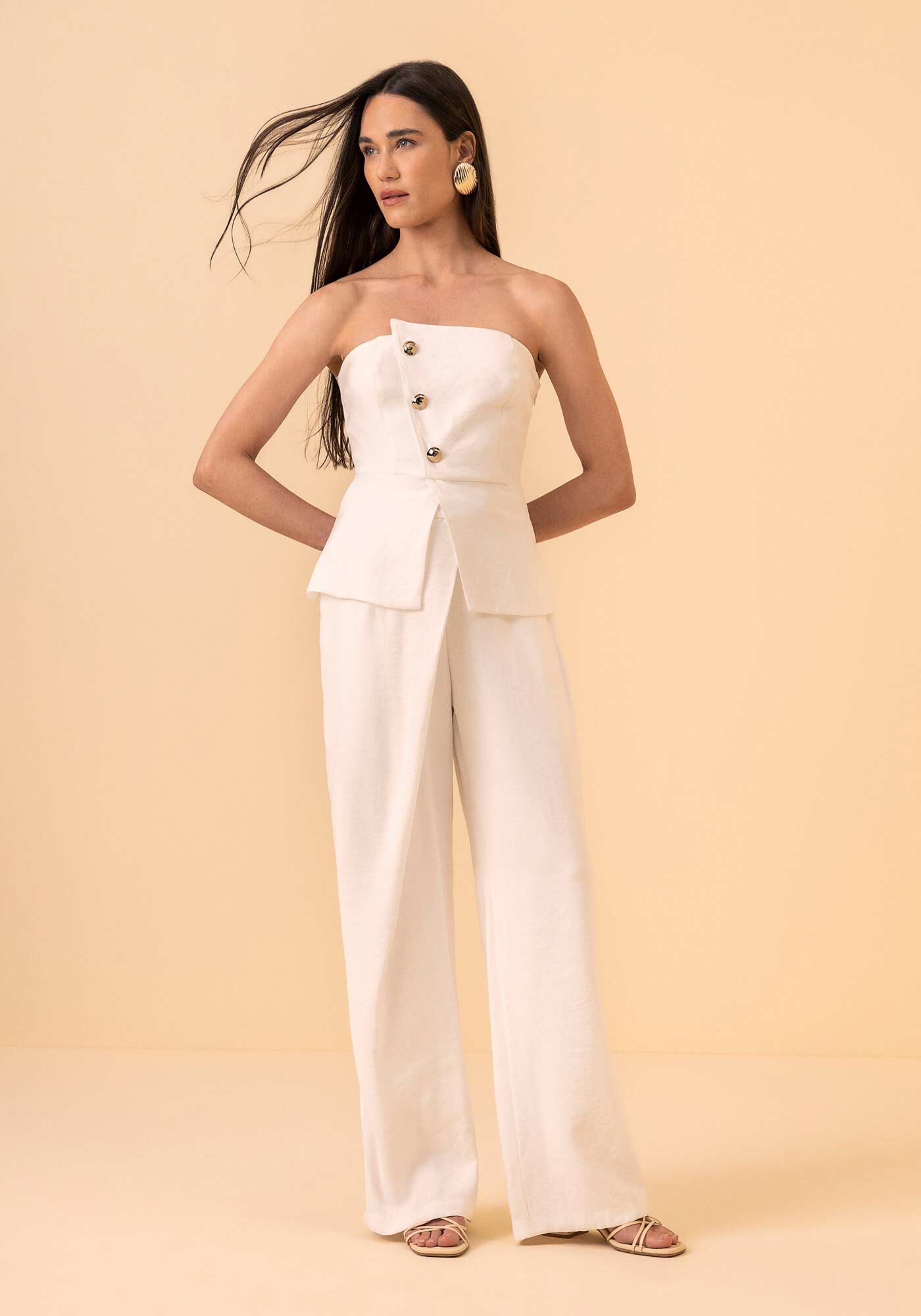 Cal&ccedil;a Reta De Cintura Alta Com Sobreposi&ccedil;&atilde;o, BRANCO OFF WHITE, large.