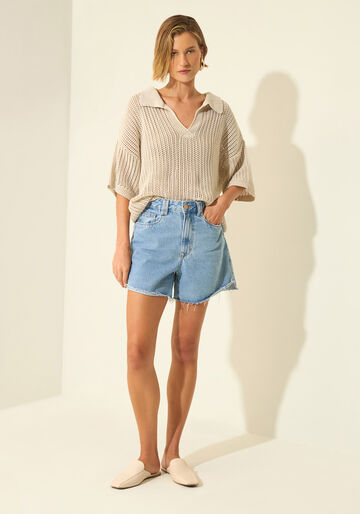 Shorts Mom Jeans De Cintura Alta Com Barras A Fio, JEANS. Shorts Mom Jeans De Cintura Alta Com Barras A Fio, JEANS, large.