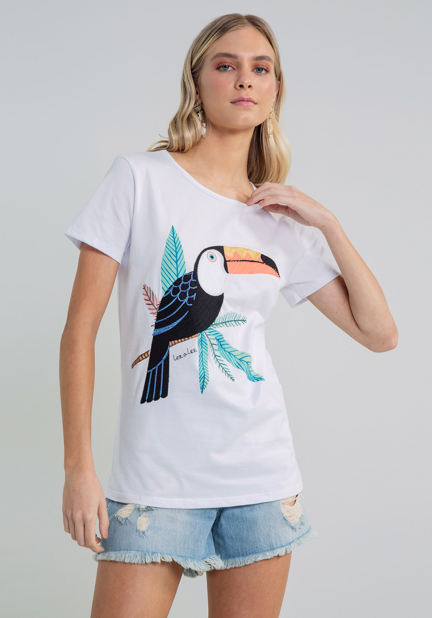 Blusa Estampa Bordado Tucano Marinho Lady, , large.