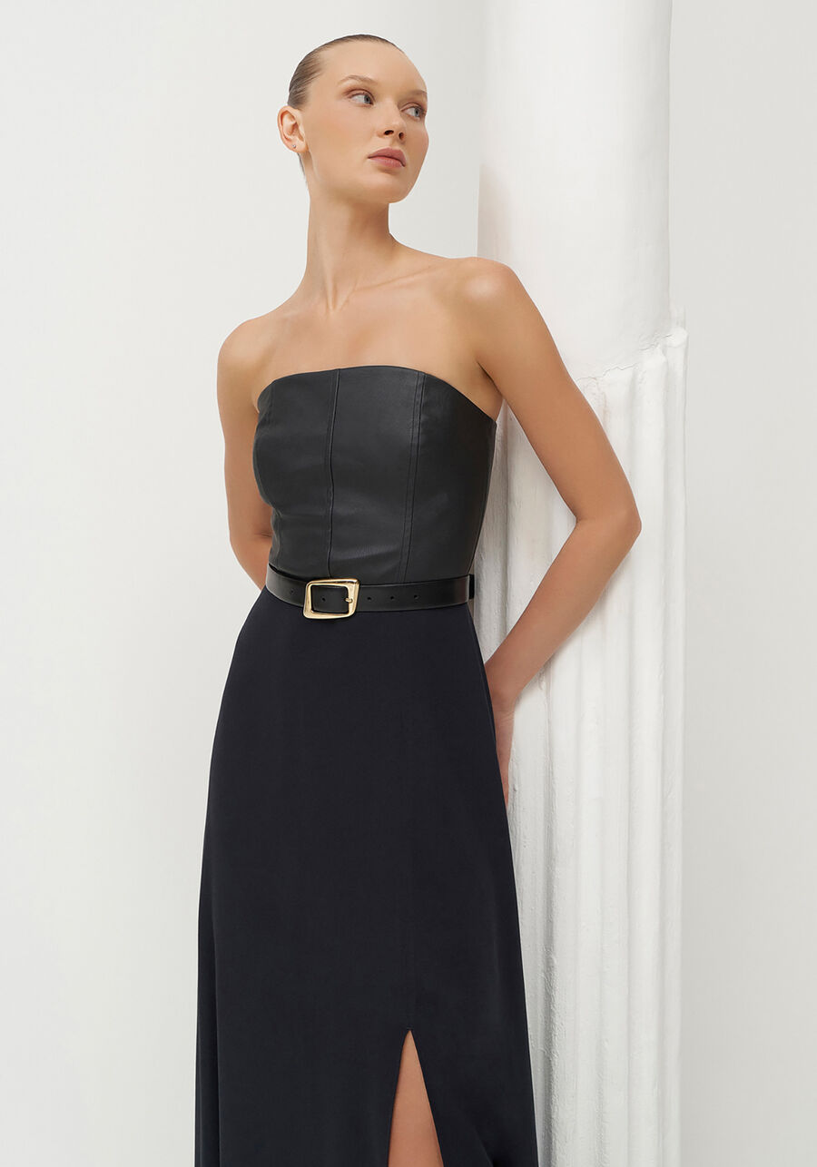 Vestido Longo Busto em PU, PRETO REATIVO. Vestido Longo Busto em PU, PRETO REATIVO, large.