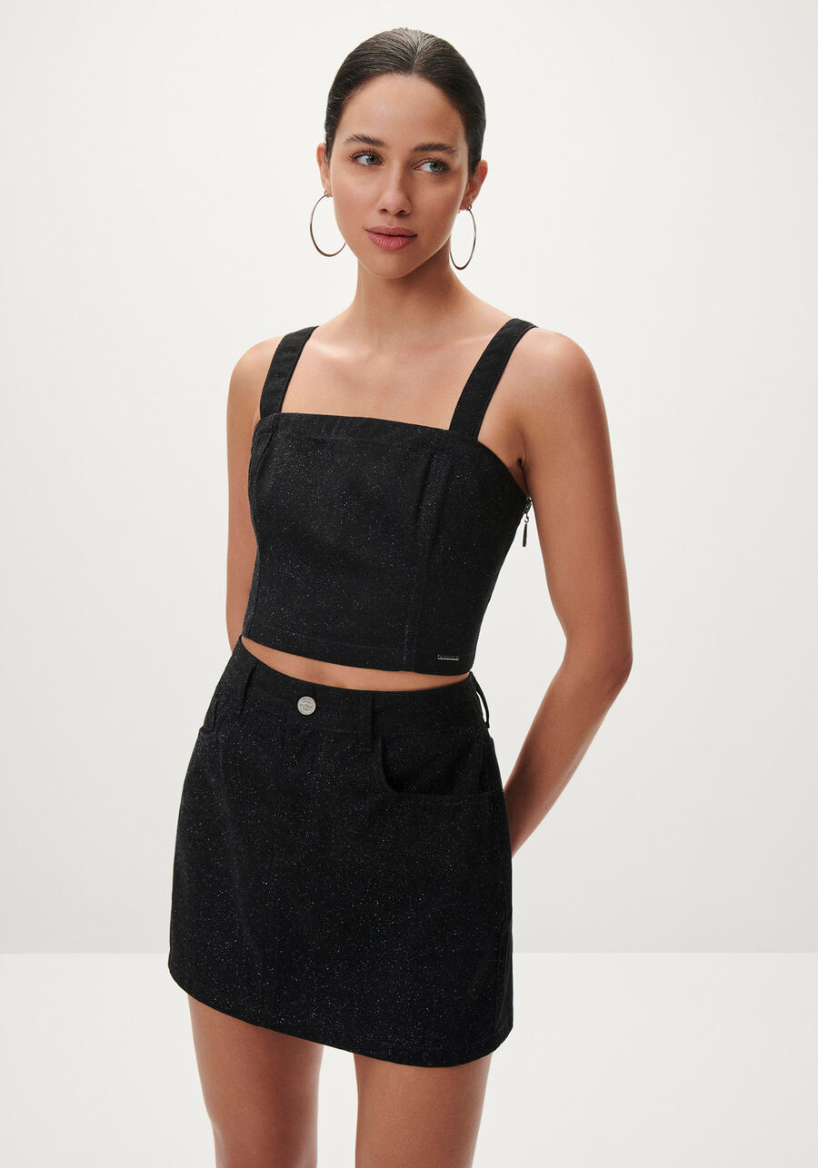 Saia Sarja Curta Cintura Alta com Glitter, PRETO REATIVO. Saia Sarja Curta Cintura Alta com Glitter, PRETO REATIVO, large.