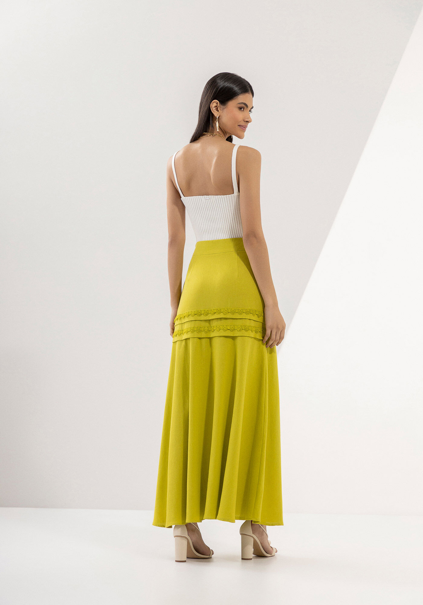 Saia Midi em Linho com Recorte Renda, , large.