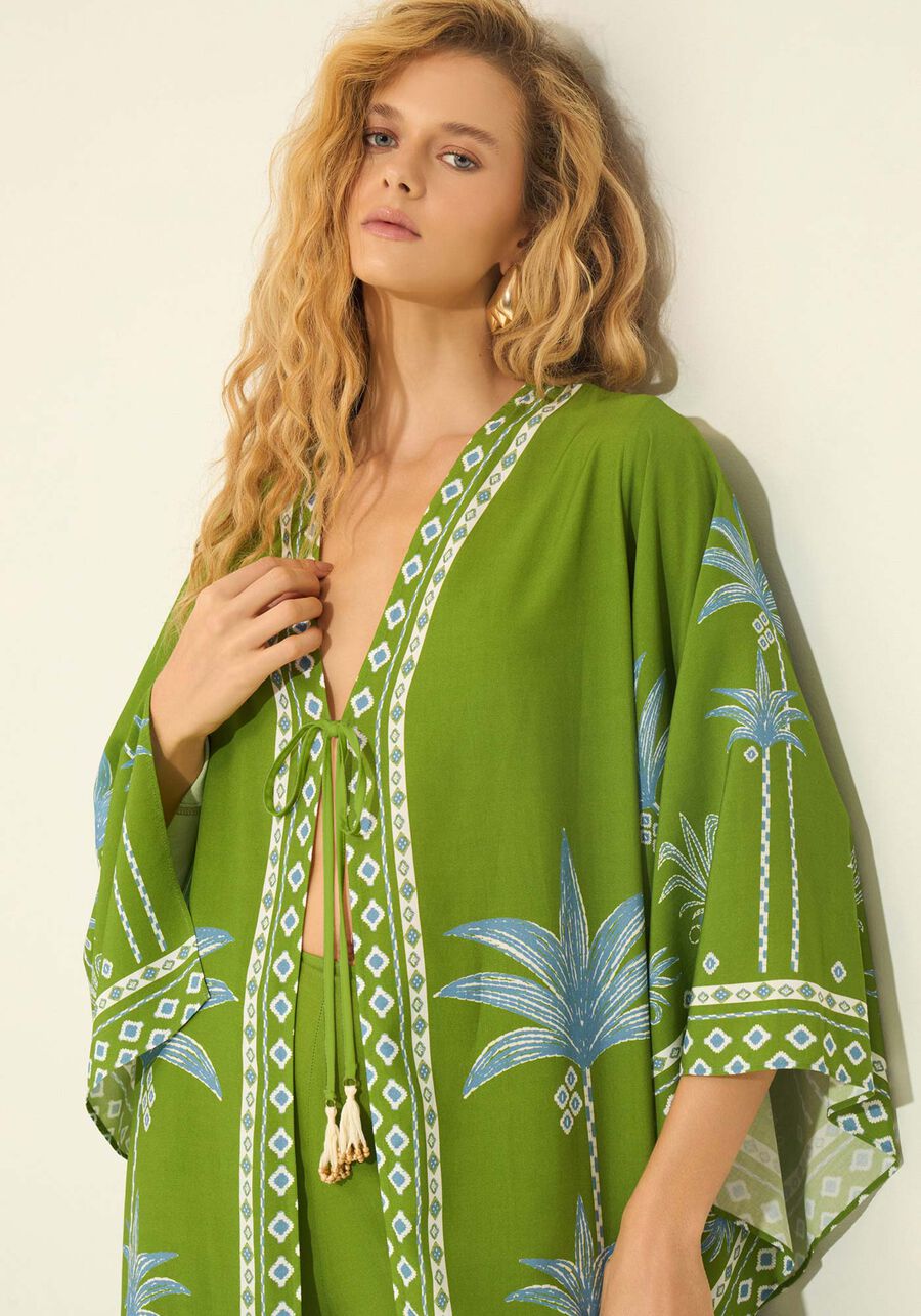 Kaftan Estampado Com Amarração, MAXI GRAVURA VERDE. Kaftan Estampado Com Amarração, MAXI GRAVURA VERDE, large.