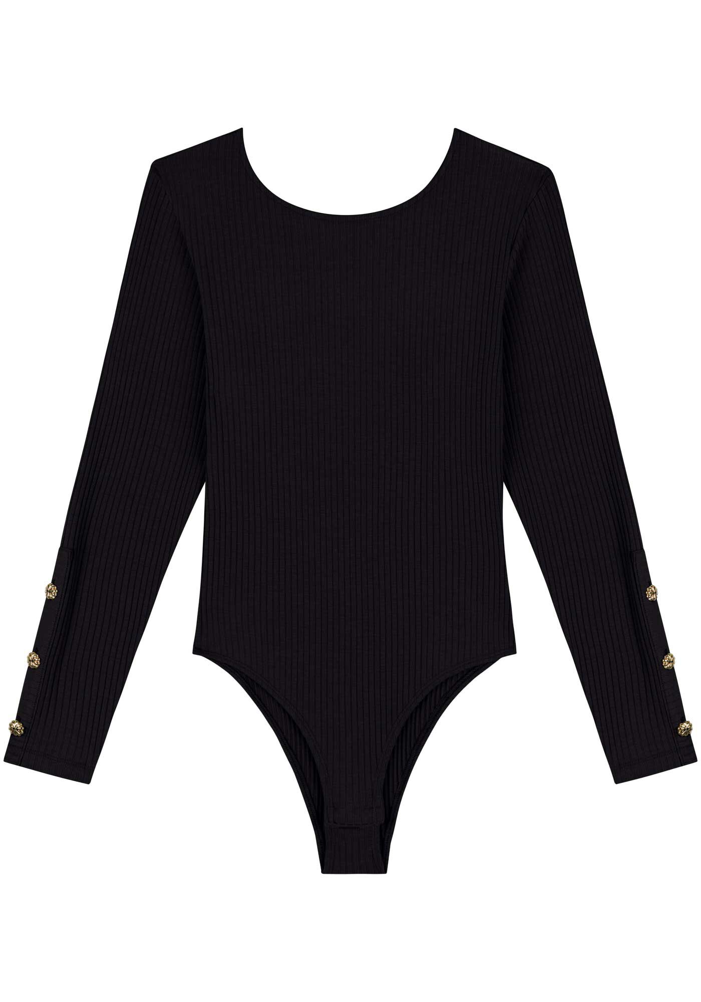 Body Justo Canelado Com Mangas Longas E Bot&otilde;es, PRETO, large.