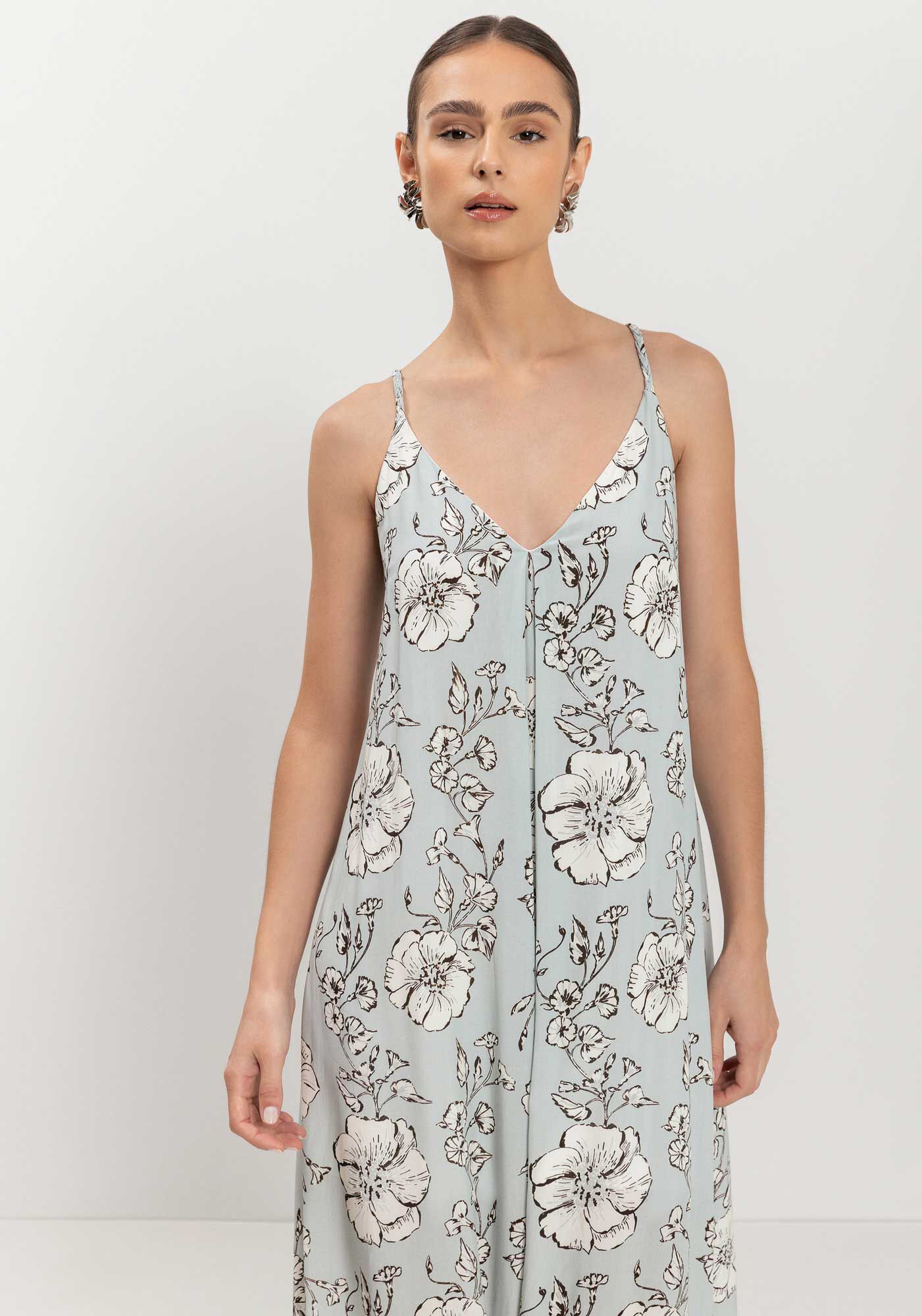 Vestido Longo Estampado Fluido De Al&ccedil;as Com Decote Em V, , large.