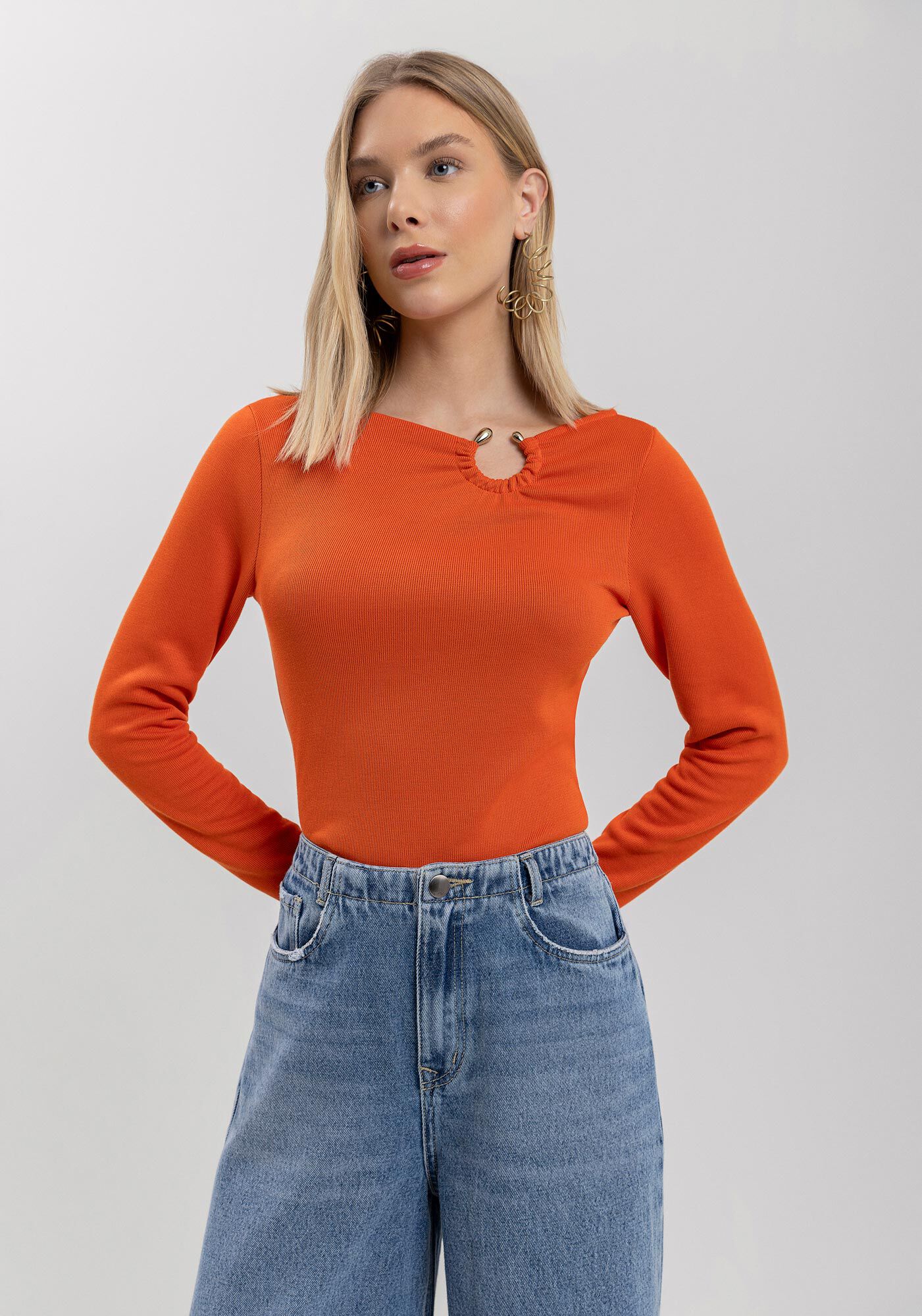Blusa Curta De Mangas Longas Com Detalhe De Argola, , large.