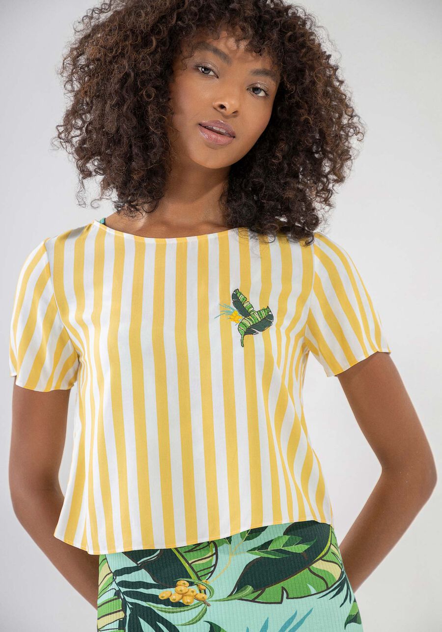 Blusa Curta Estampada em Viscose com Bordado, . Blusa Curta Estampada em Viscose com Bordado, , large.