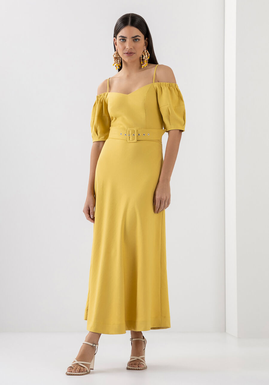 Vestido Midi com Recorte Ombros e Cinto, . Vestido Midi com Recorte Ombros e Cinto, , large.