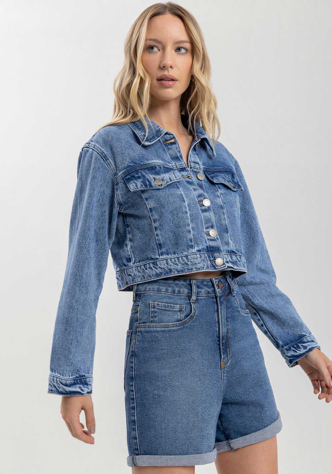 Jaqueta Jeans Cropped Com Lapelas E Bot&otilde;es Frontais, , large.