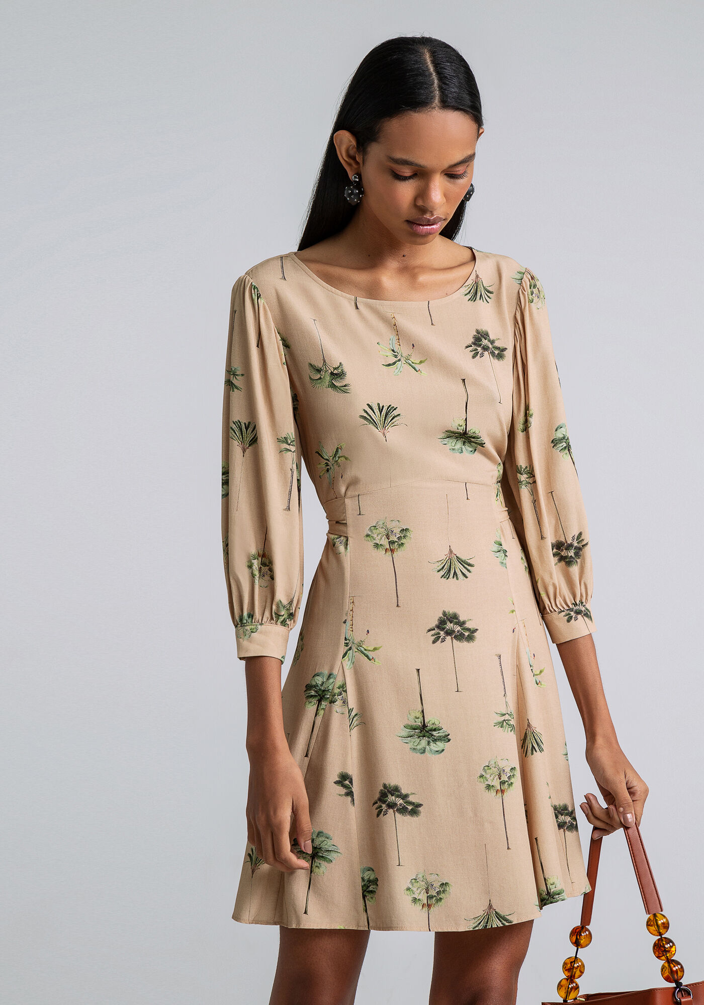 Vestido Manga 3/4 Bufante Estampado, ARVOREDO, large.