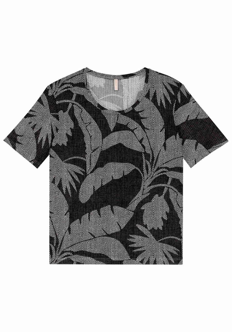 Blusa Estampada Canelada com Manga Curta, . Blusa Estampada Canelada com Manga Curta, , large.