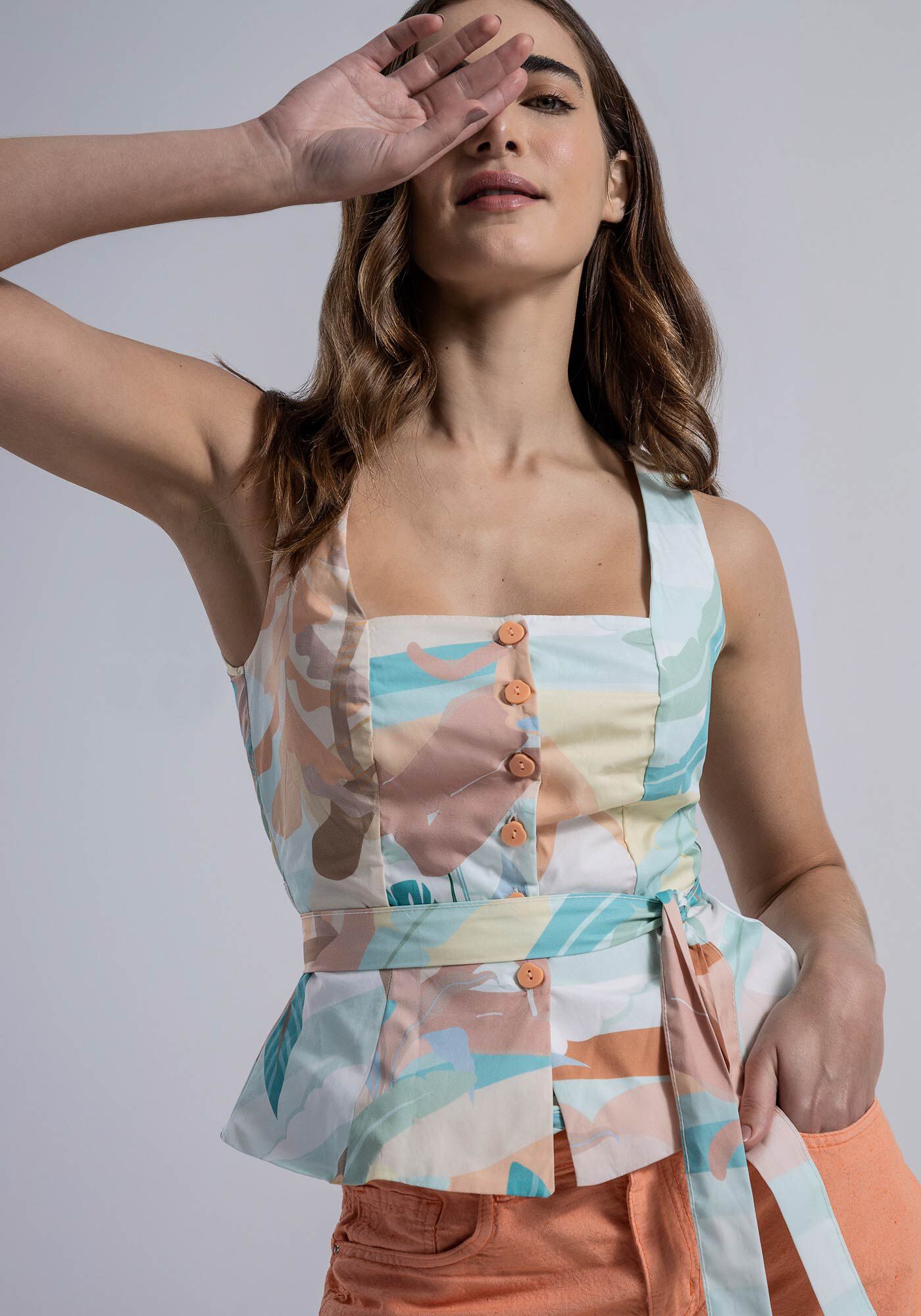 Blusa Decote Reto em Tricoline com Cinto, , large.