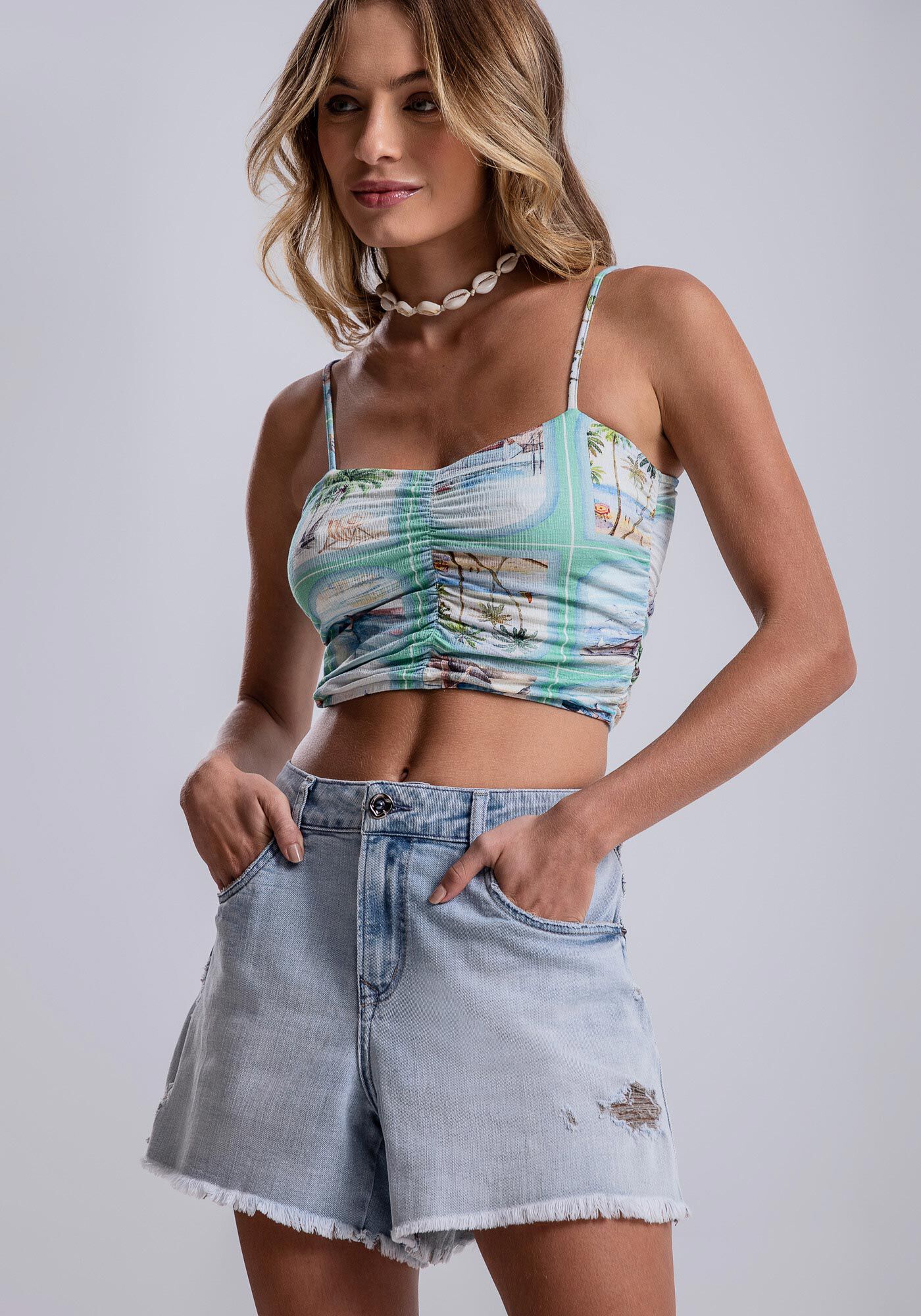 Shorts Jeans Sunset com CIntura M&eacute;dia, , large.