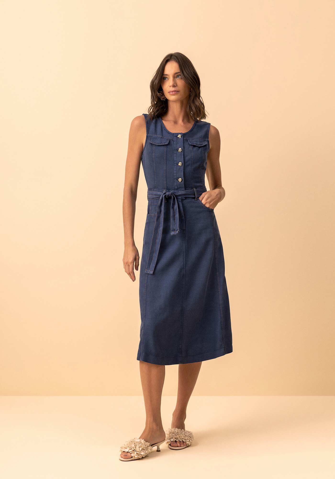 Vestido Midi Em Sarja Com Cinto E Detalhes Em Alfaiataria, MARINHO WAVE, large.