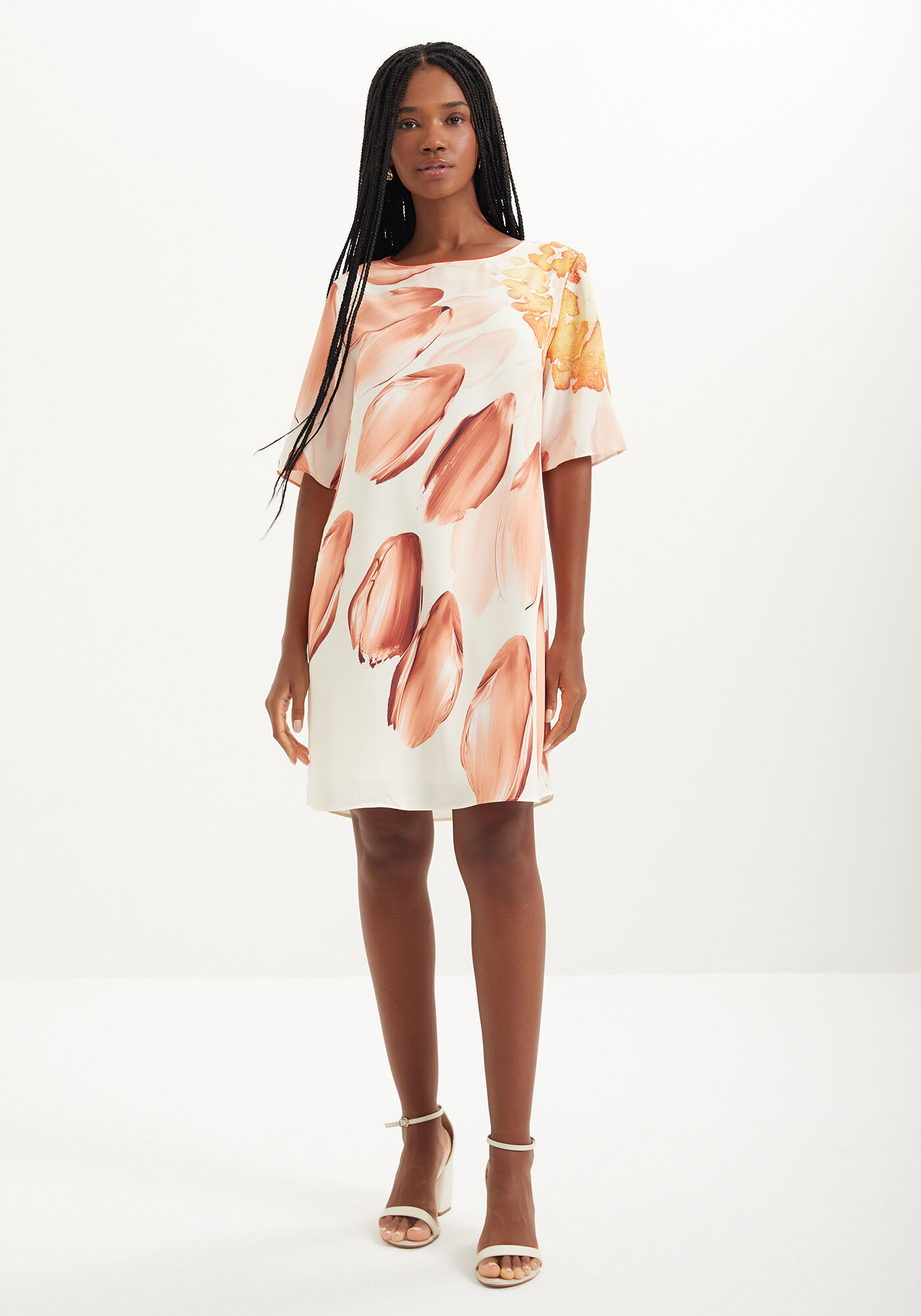 Vestido Curto Estampado De Mangas Curtas Com Decote Redondo, , large.