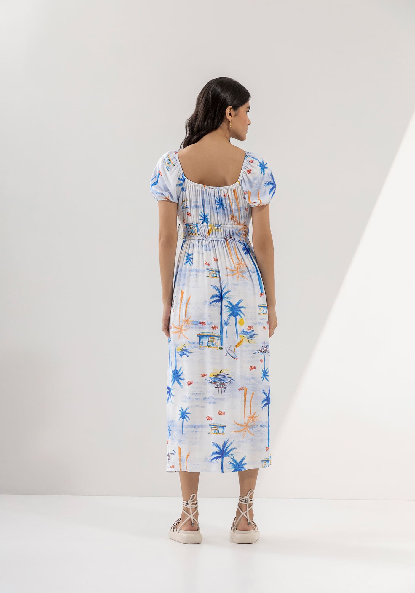 Vestido Midi Estampado em Viscose com Franzido, , large.