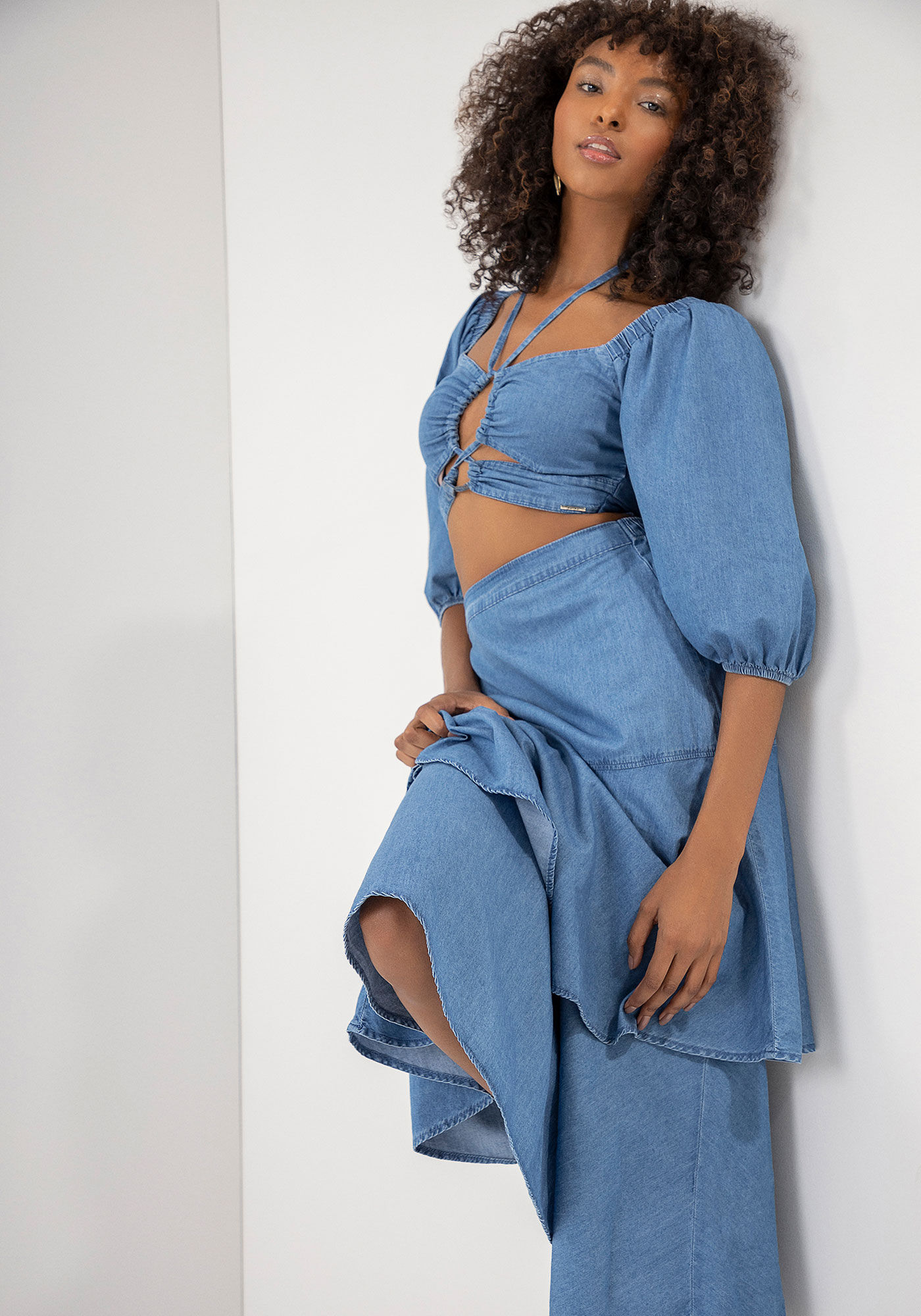 Saia Jeans Midi Cintura Alta com Babados, JEANS, large.