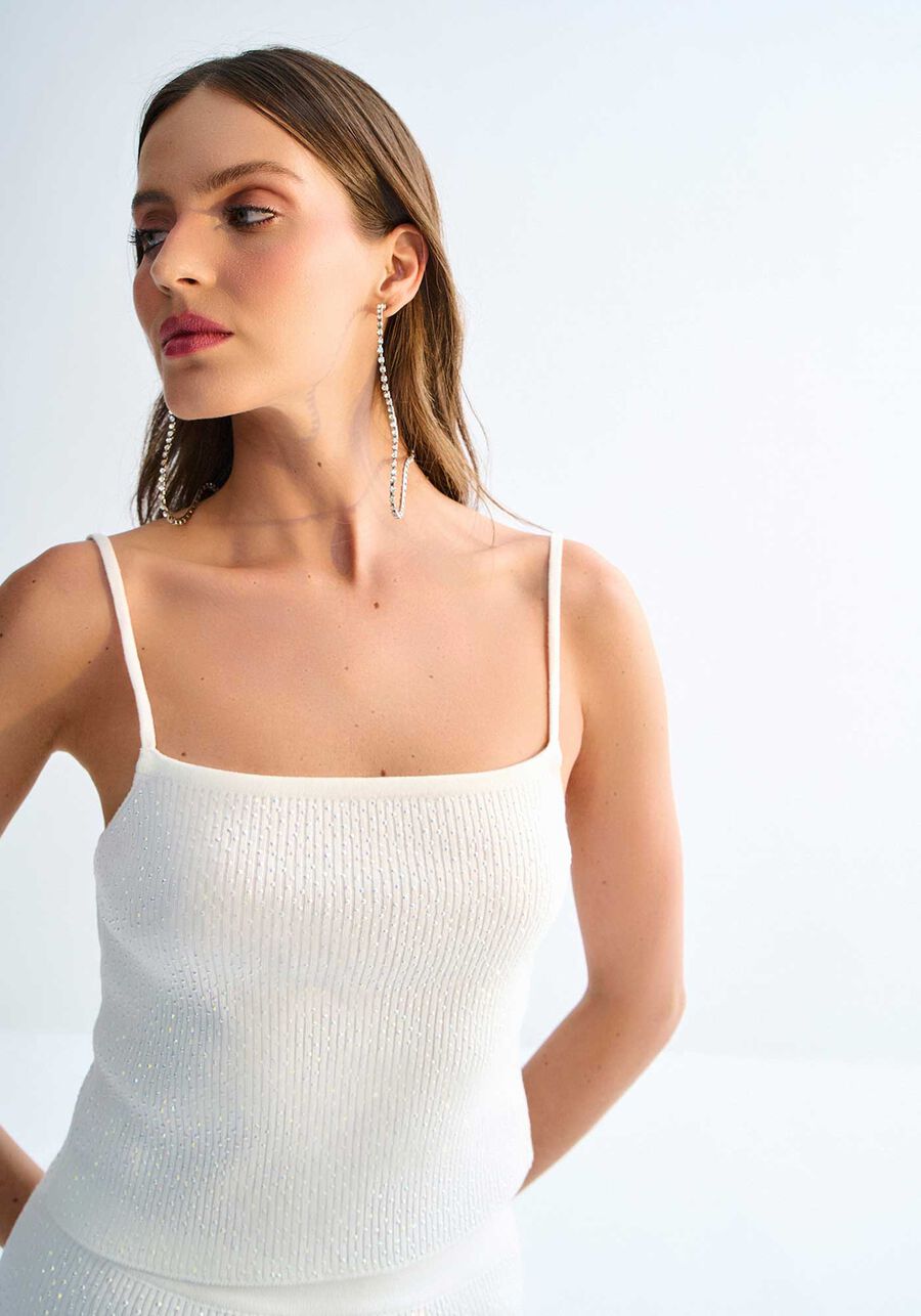 Blusa Decote Reto em Tricô com Strass, BRANCO OFF WHITE. Blusa Decote Reto em Tricô com Strass, BRANCO OFF WHITE, large.